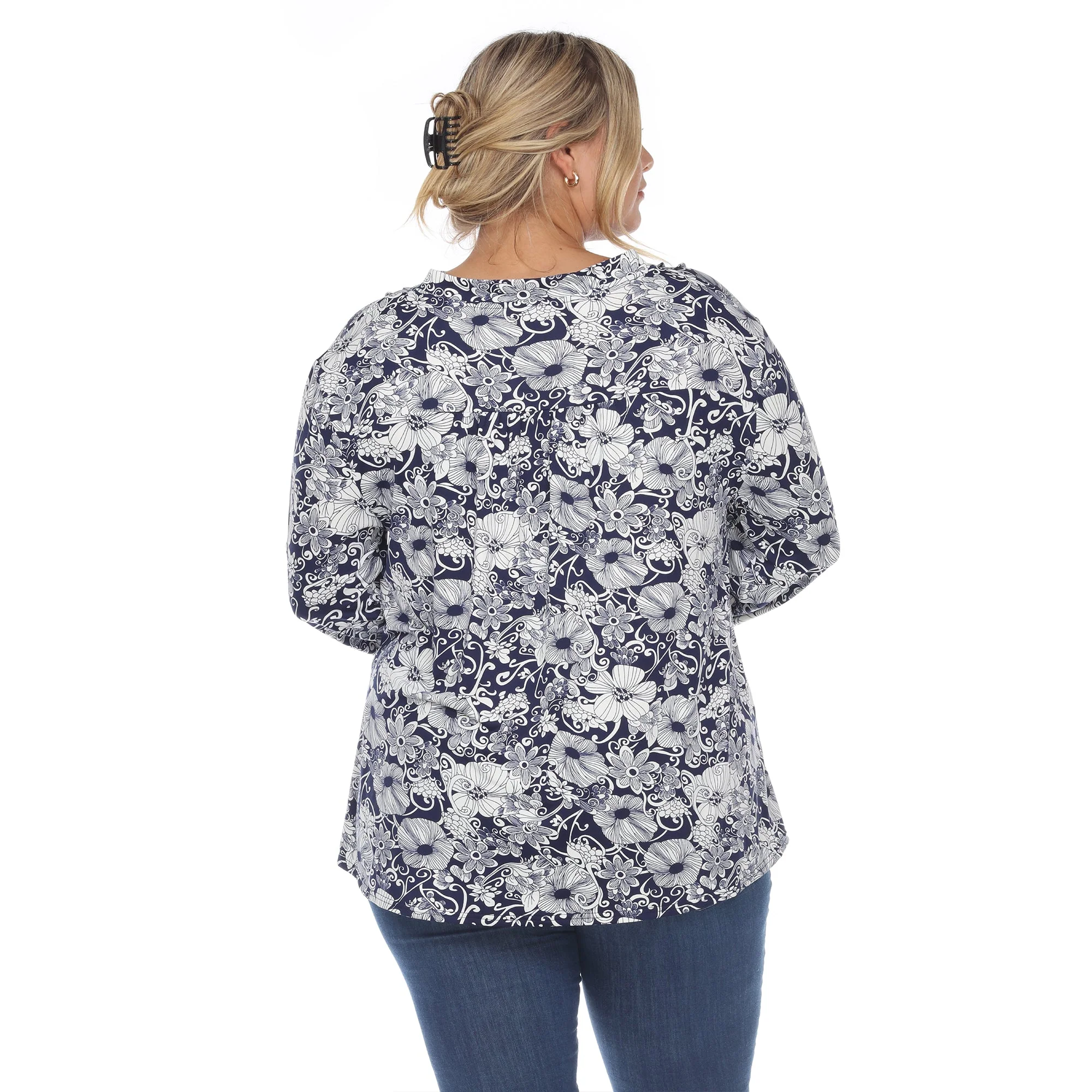 Pleated Long Sleeve Floral Print Blouse - Plus - Image 5