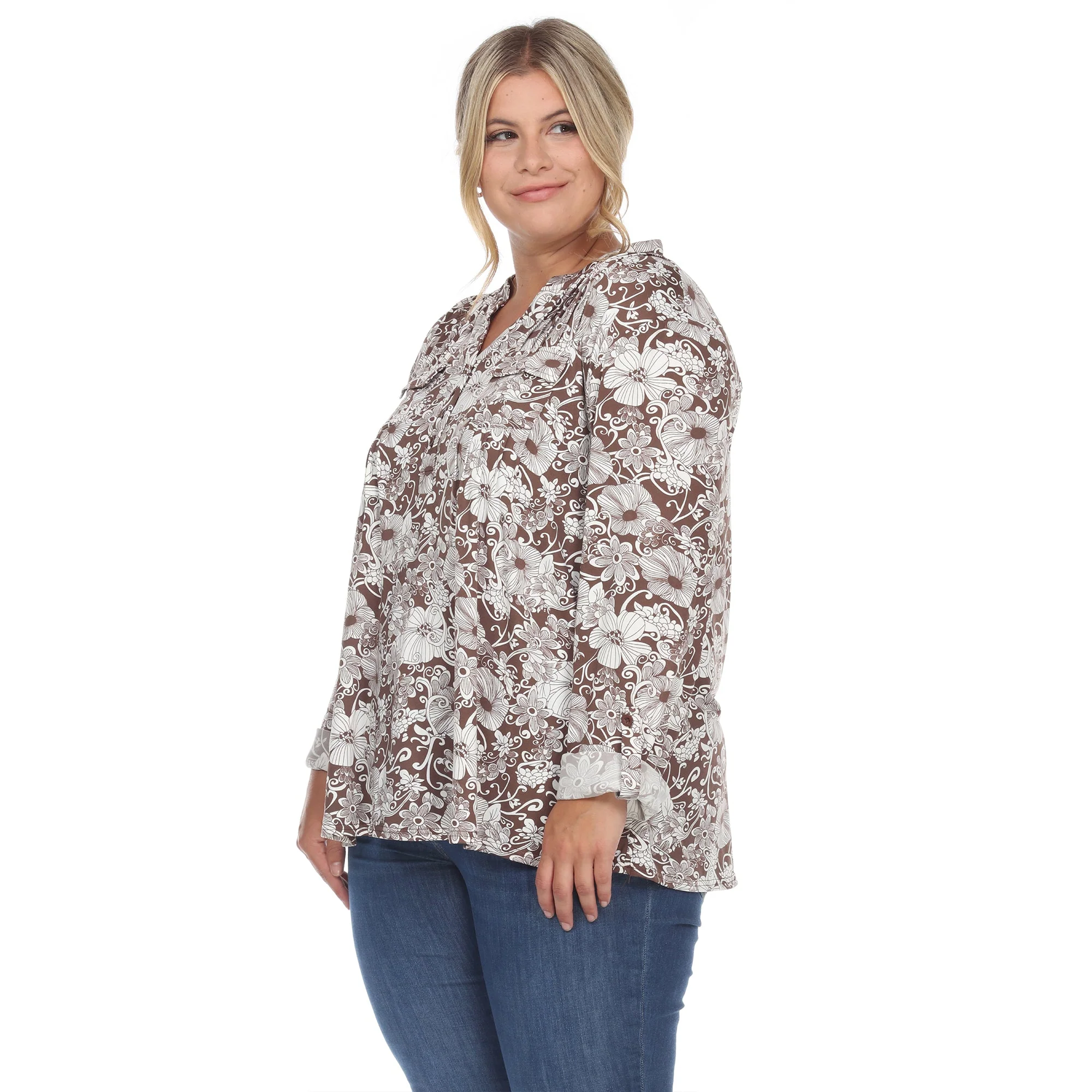 Pleated Long Sleeve Floral Print Blouse - Plus - Image 7
