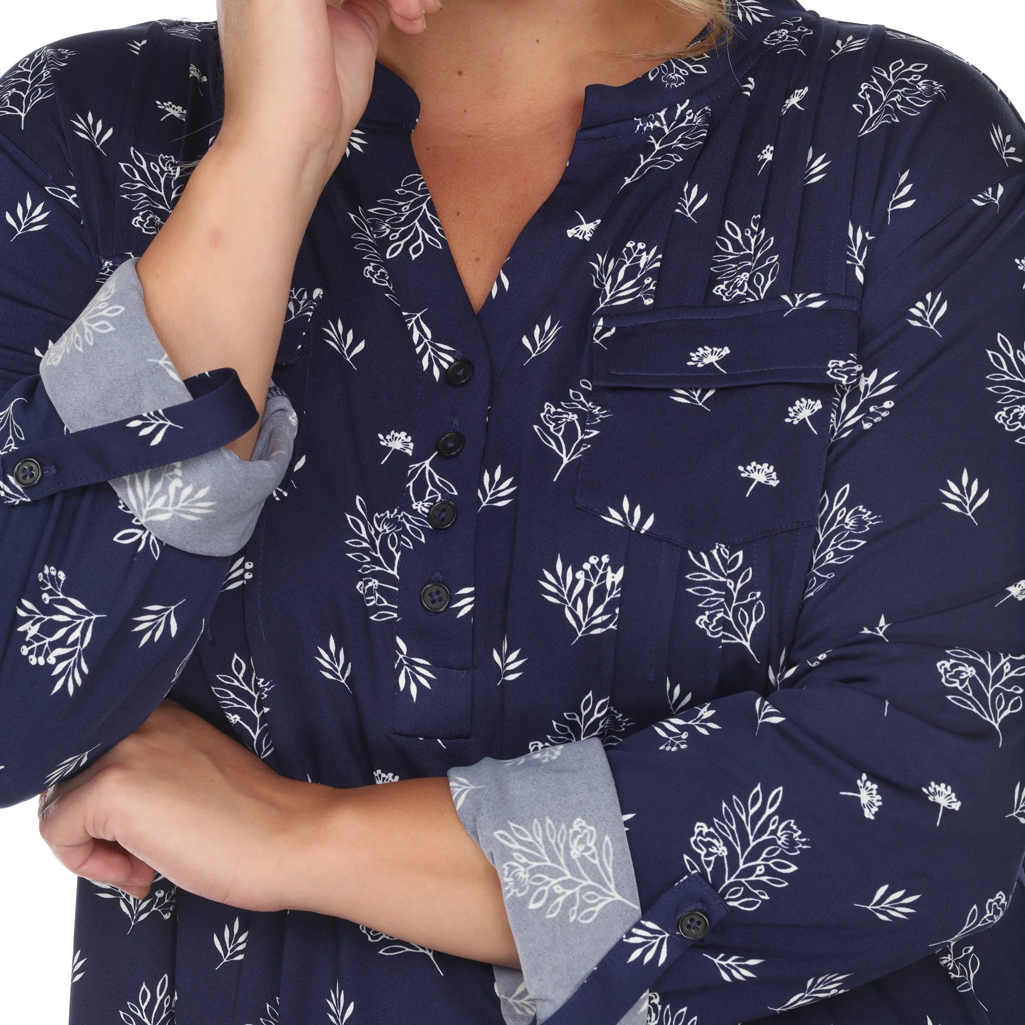 Pleated Long Sleeve Leaf Print Blouse - Plus - Image 10
