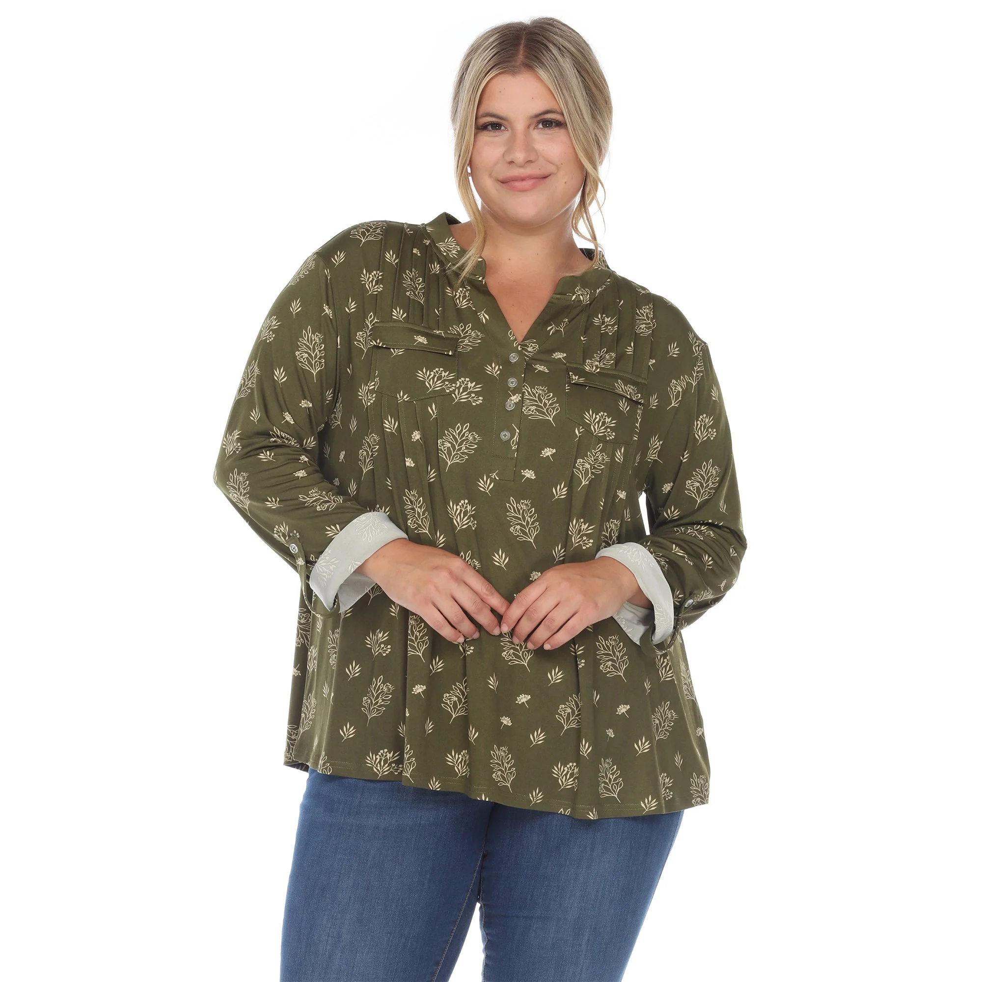 Pleated Long Sleeve Leaf Print Blouse - Plus - Image 11