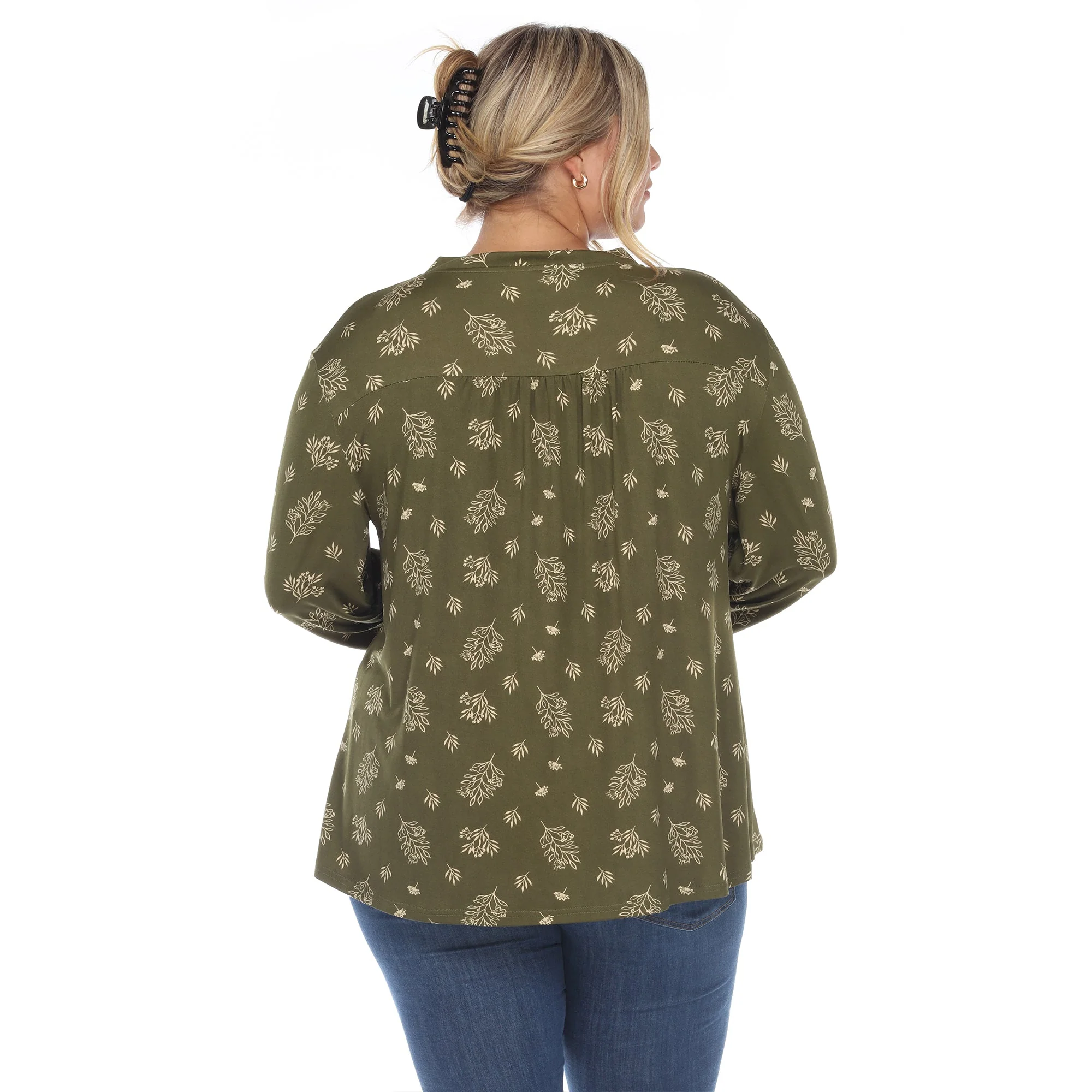 Pleated Long Sleeve Leaf Print Blouse - Plus - Image 13