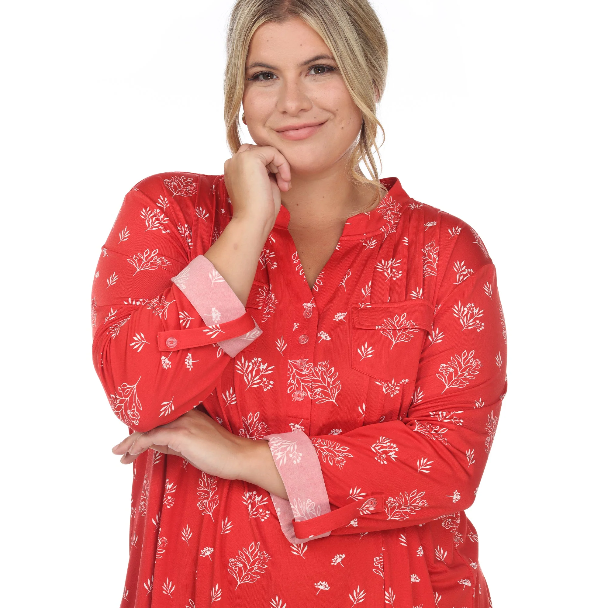 Pleated Long Sleeve Leaf Print Blouse - Plus - Image 20