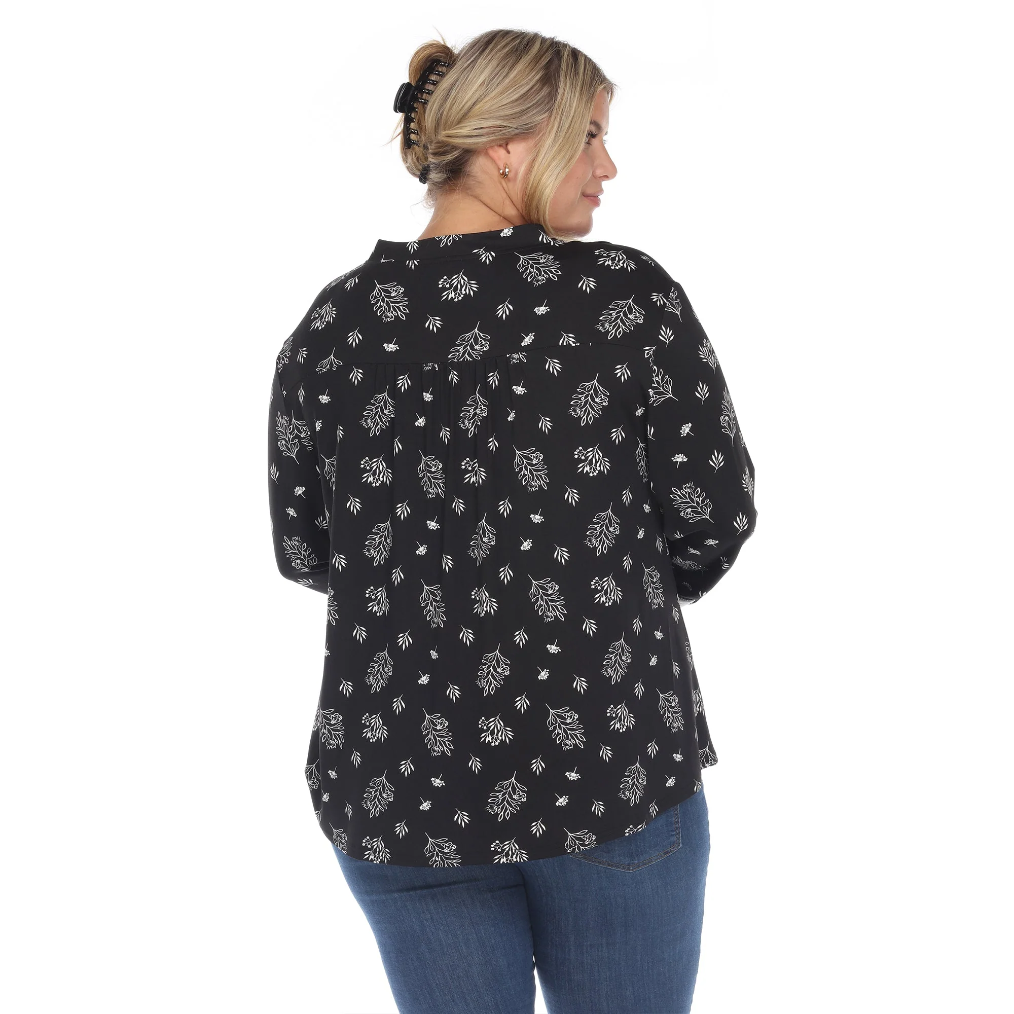 Pleated Long Sleeve Leaf Print Blouse - Plus - Image 4