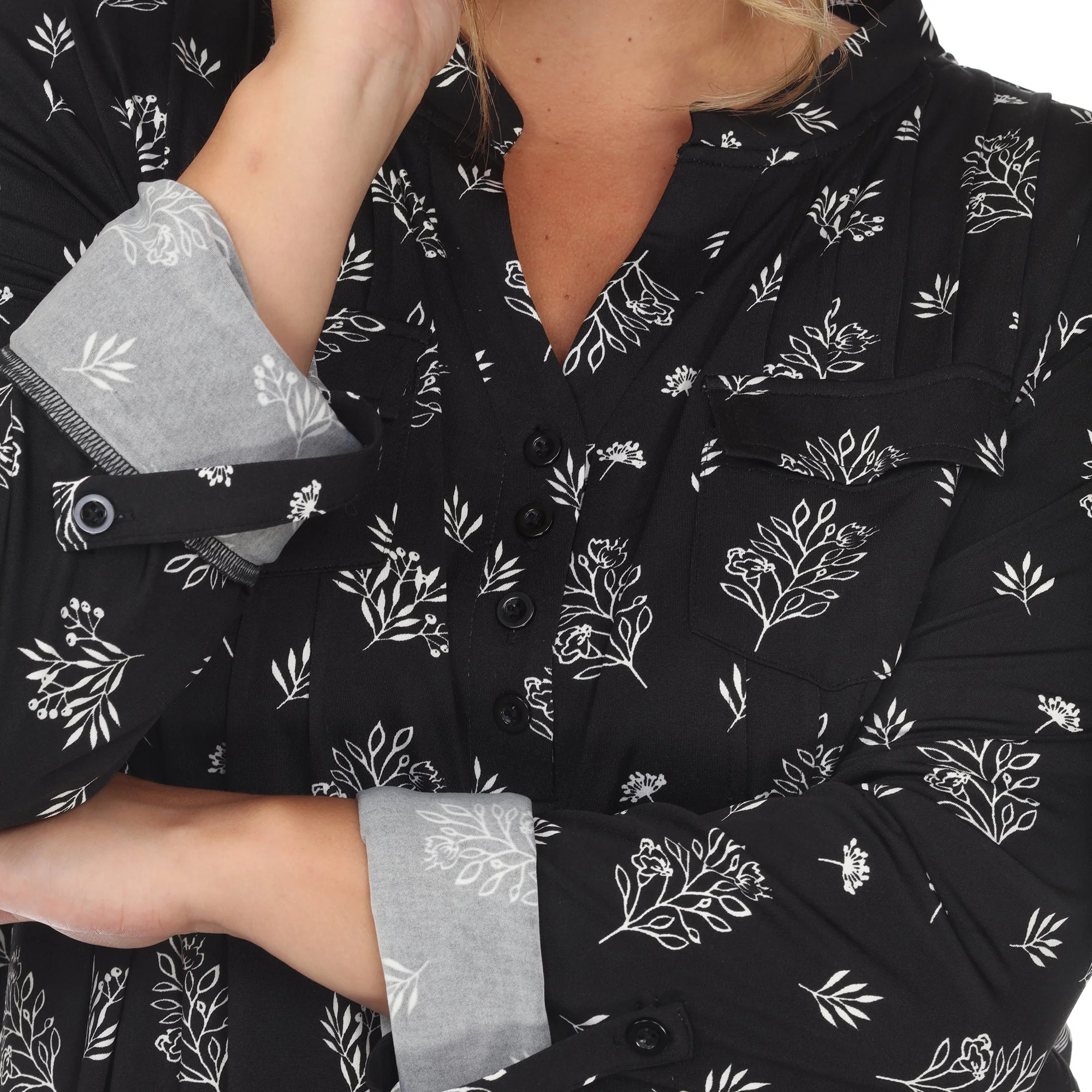 Pleated Long Sleeve Leaf Print Blouse - Plus - Image 6