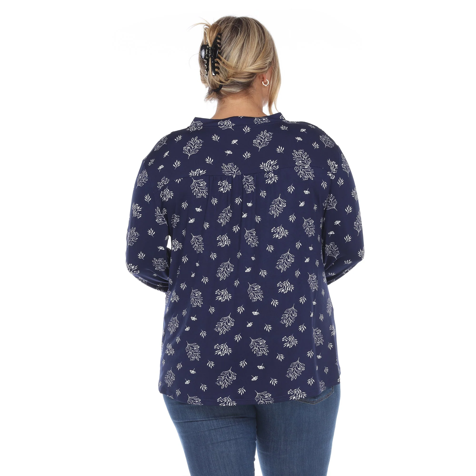 Pleated Long Sleeve Leaf Print Blouse - Plus - Image 8