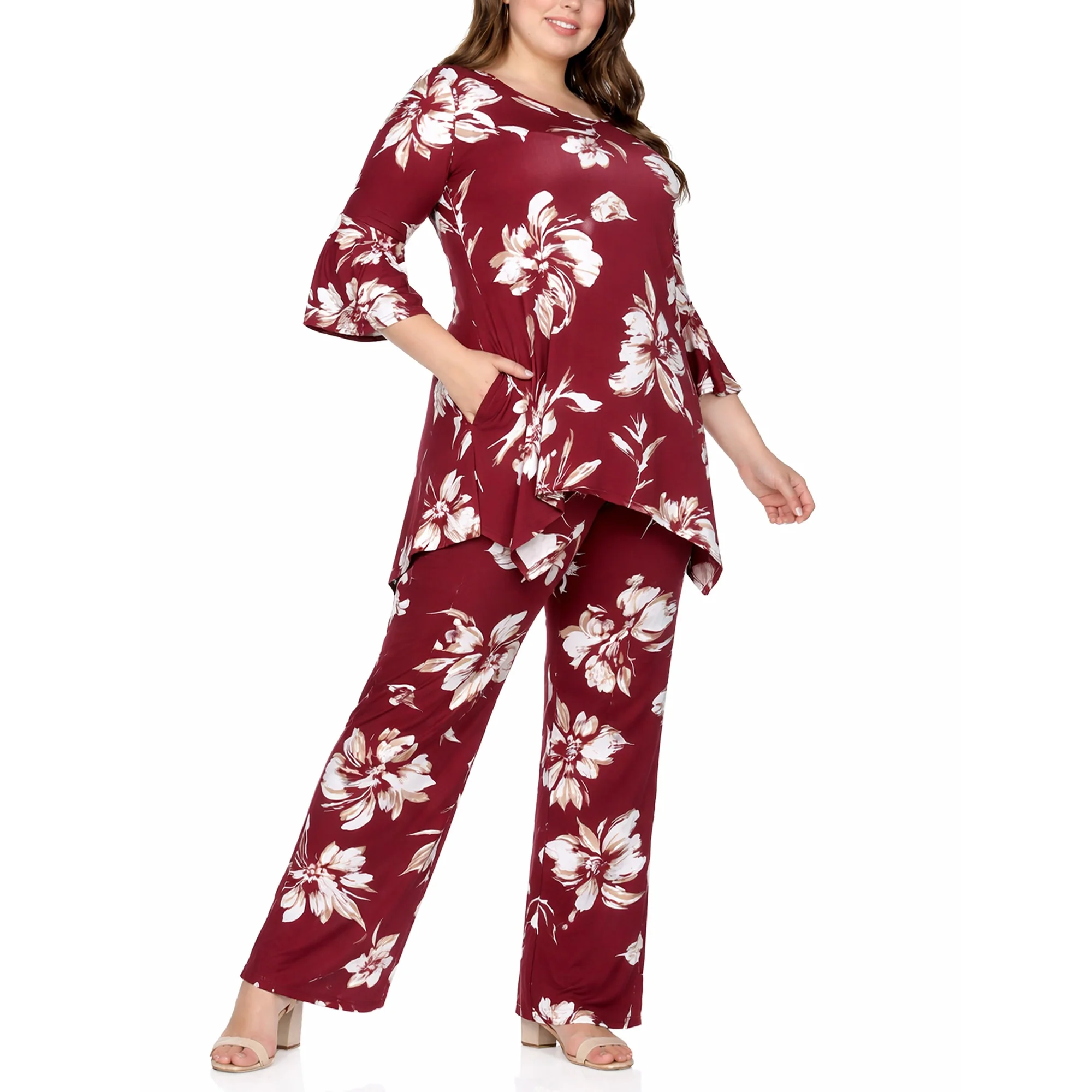 Plus Size Floral Tunic Top & Wide-Leg Pant Set - Image 3