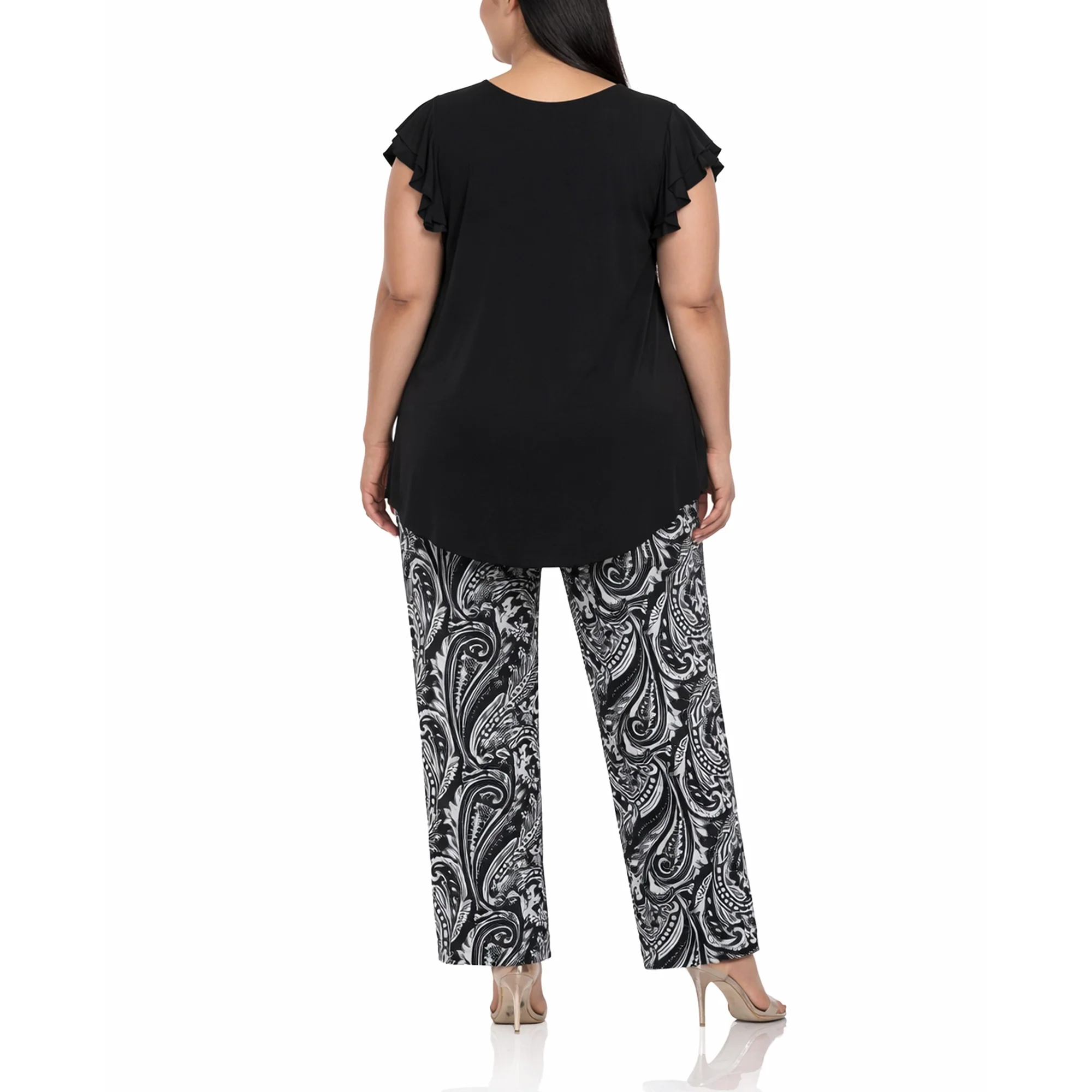 Plus Size Ruffle Sleeve Top & Printed Pant Set - Image 3