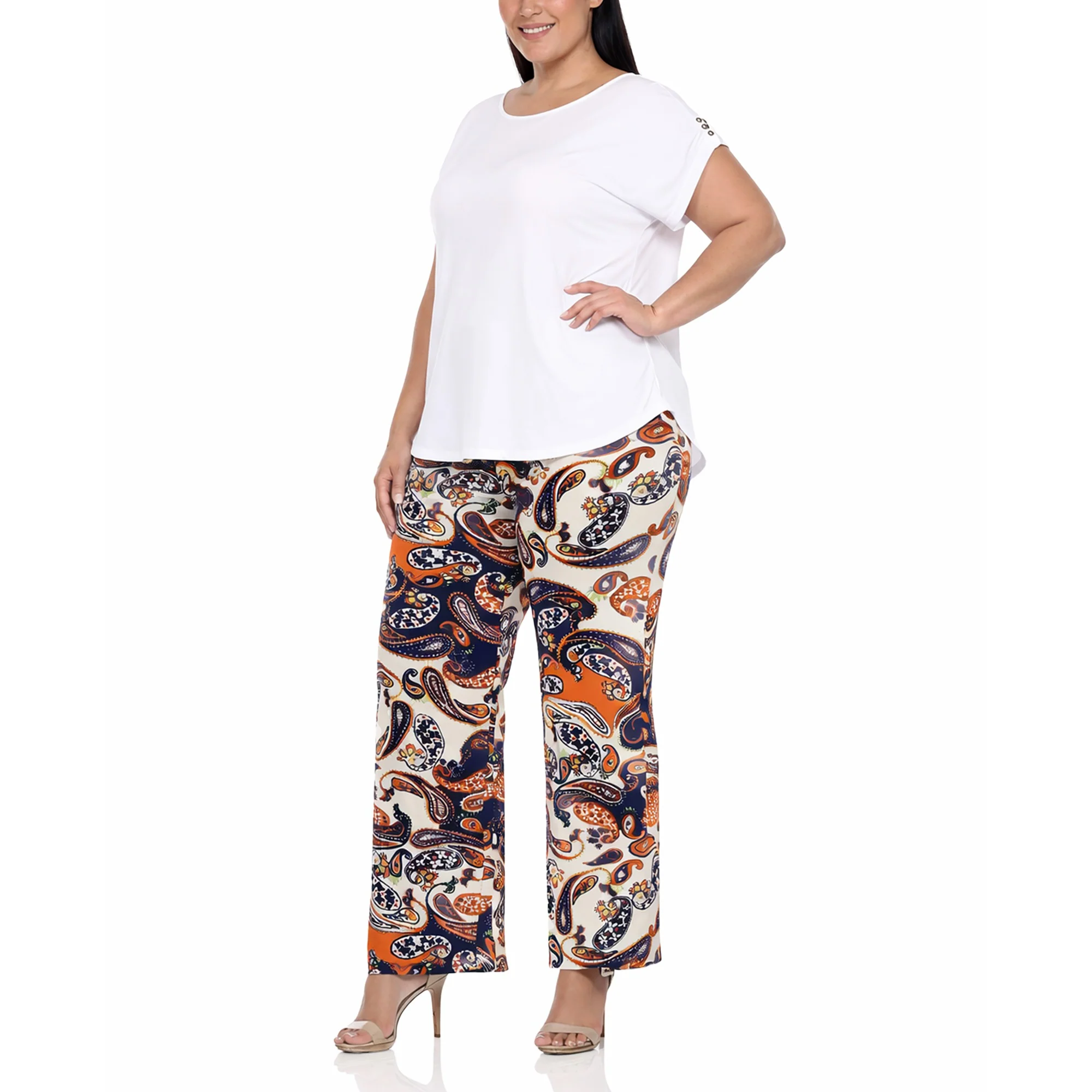 Plus Size Solid Top & Paisley Print Pant Set - Image 2