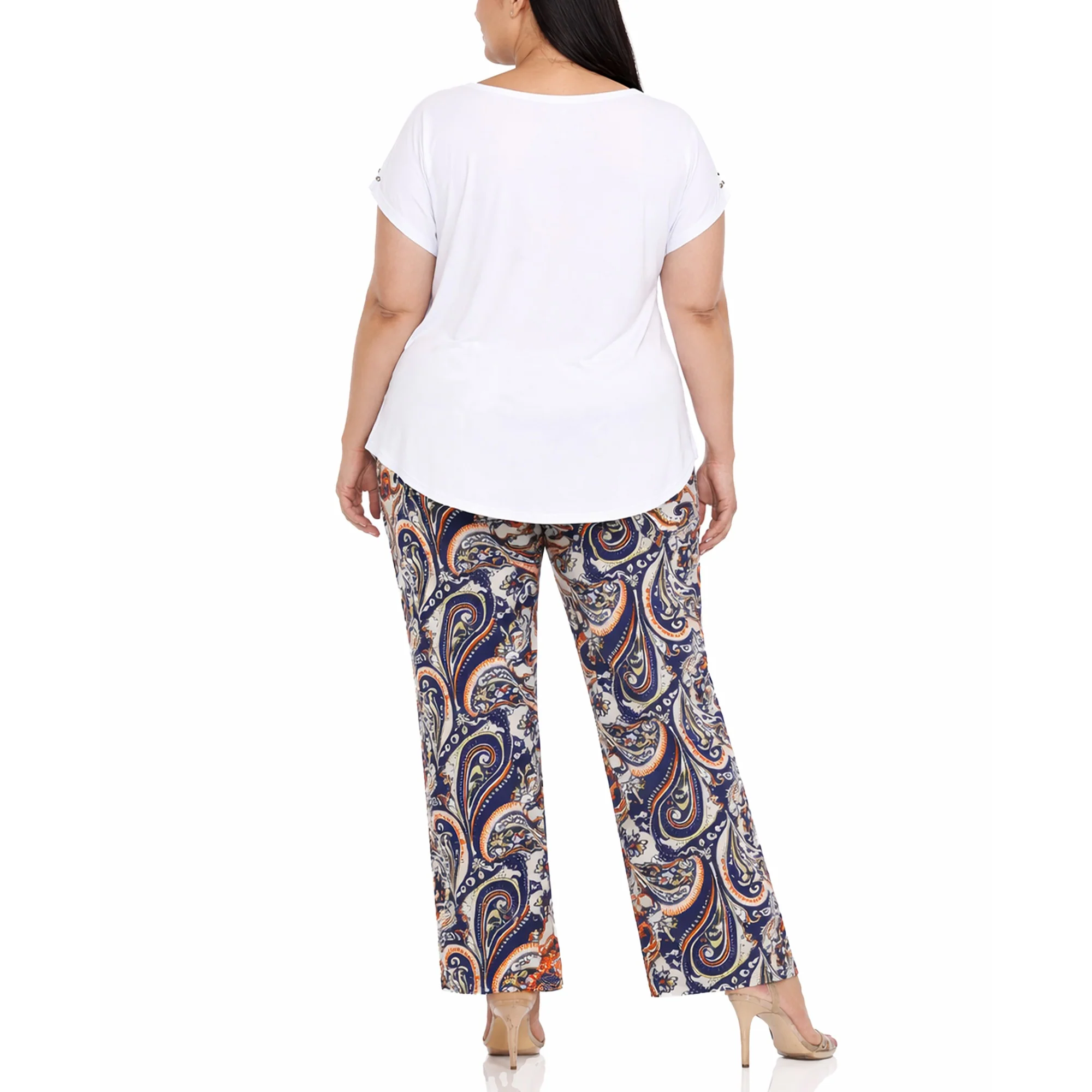 Plus Size Solid Top & Paisley Print Pant Set - Image 3