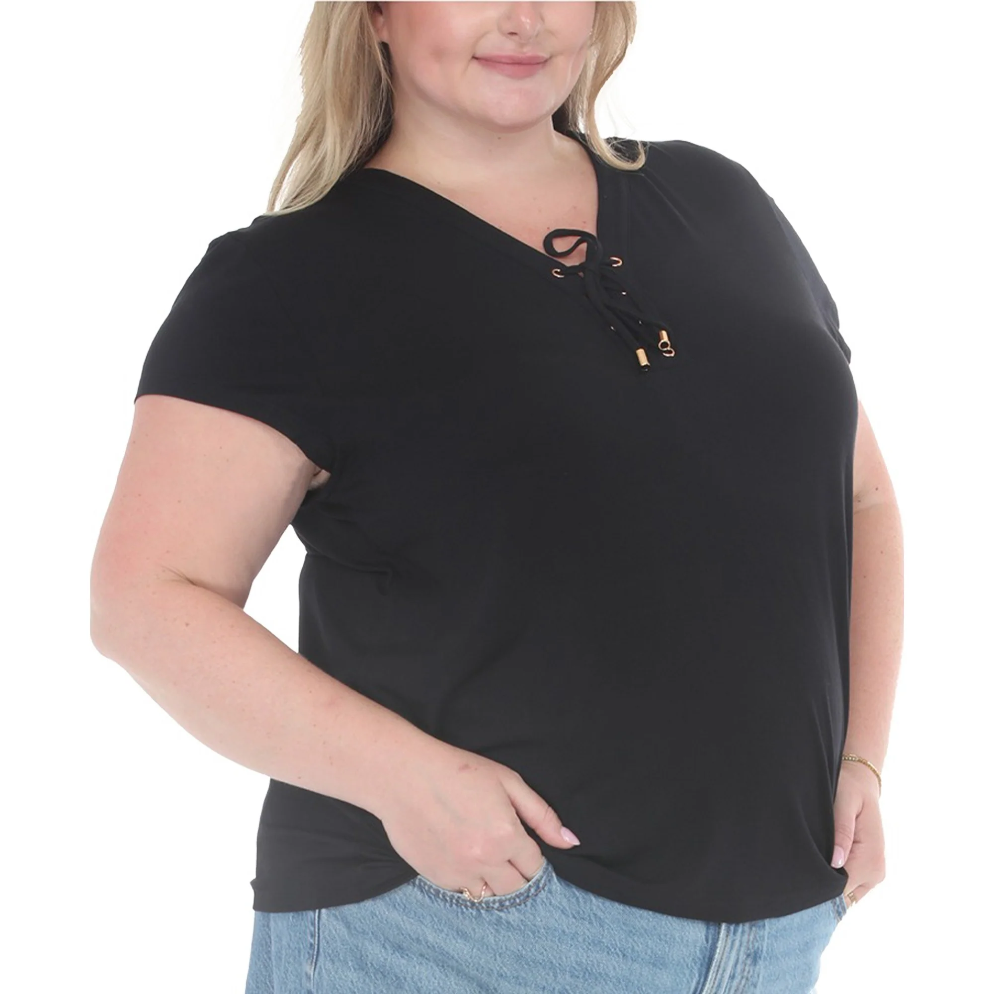 Plus Size V-Neck Front Tie Pullover Top - Image 2