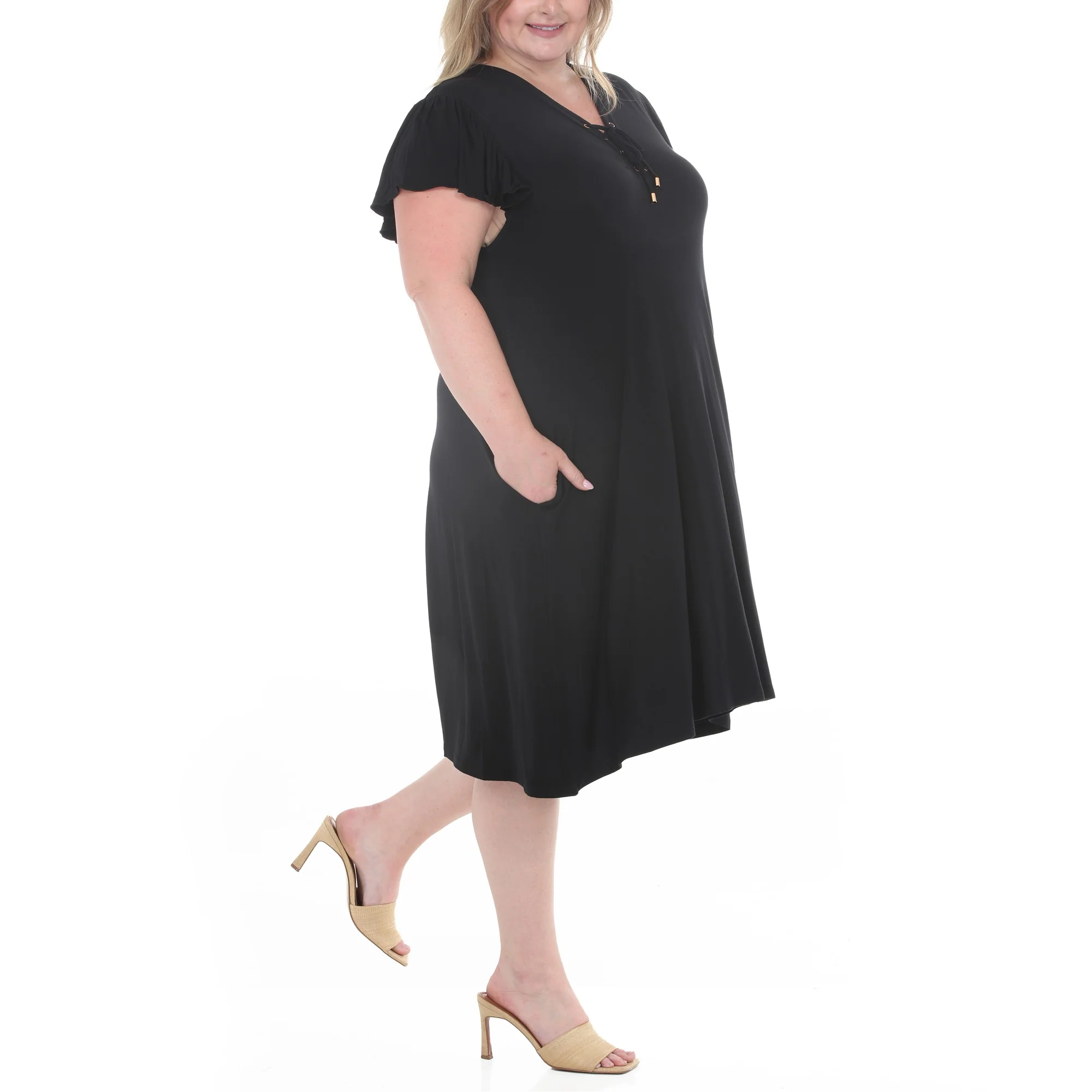 Plus Size V-Neck Tie Front Flutter Sleeve Shift Dres - Image 2
