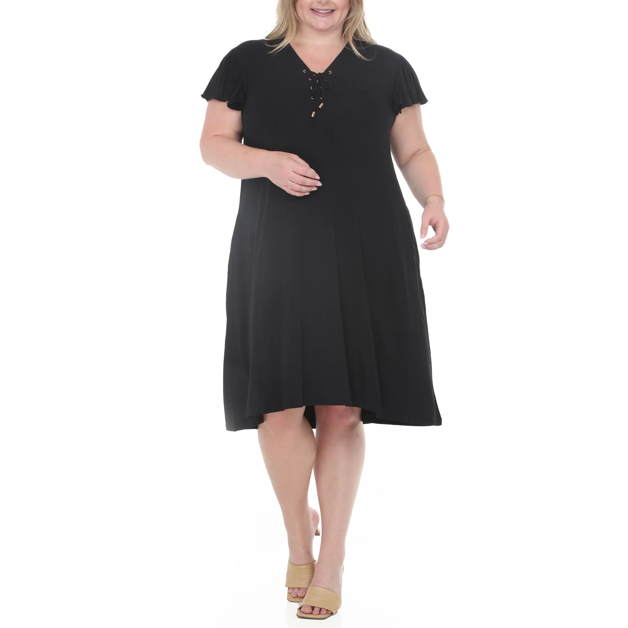 Plus Size V-Neck Tie Front Flutter Sleeve Shift Dres - Image 5