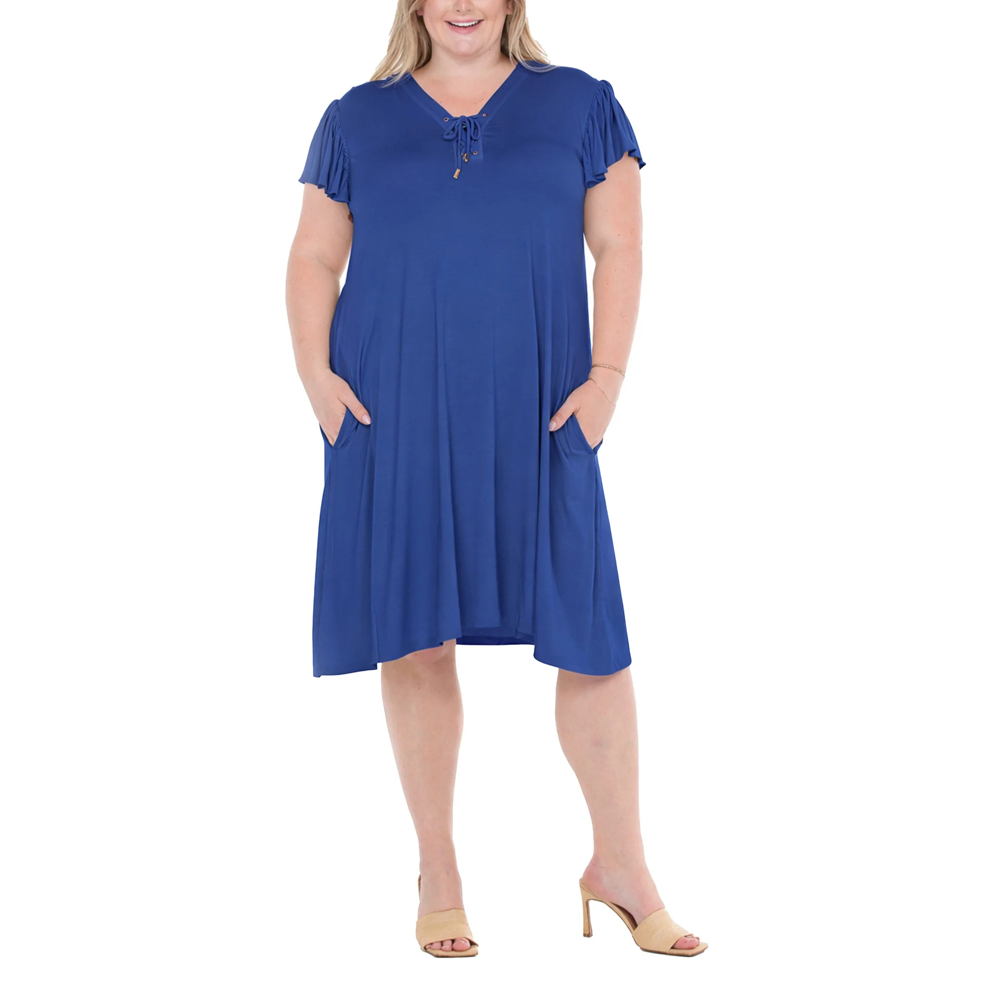Plus Size V-Neck Tie Front Flutter Sleeve Shift Dres - Image 6