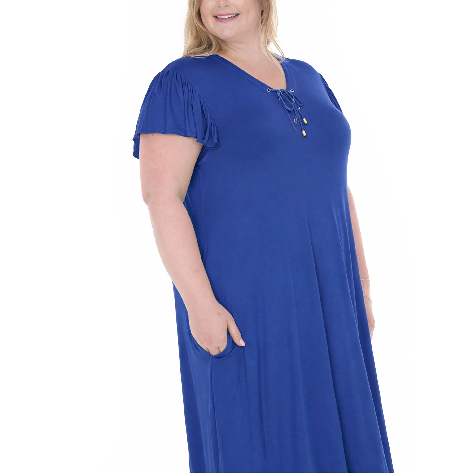 Plus Size V-Neck Tie Front Flutter Sleeve Shift Dres - Image 9