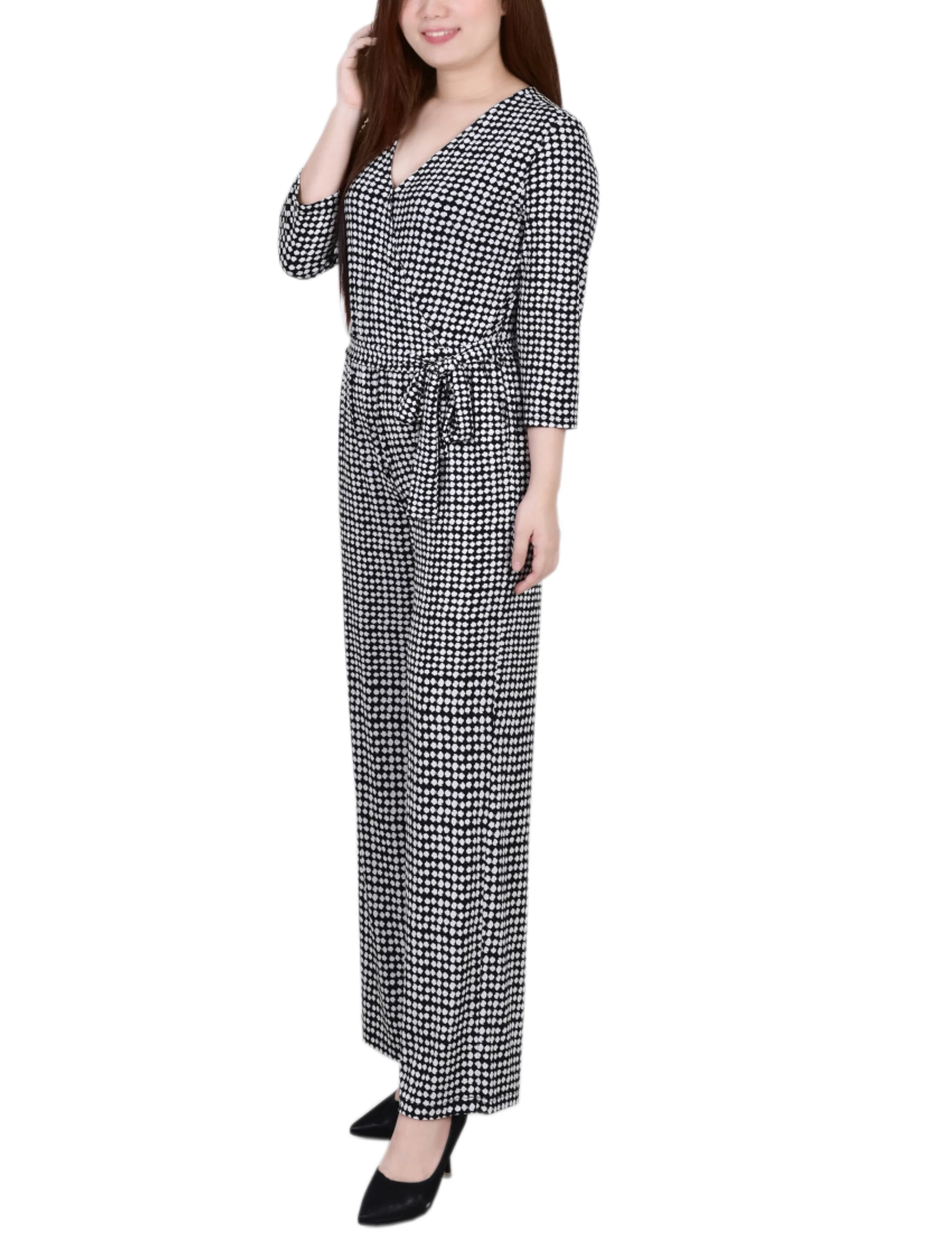 Polka Dot 3/4 Sleeve Belted Jumpsuit - Image 2