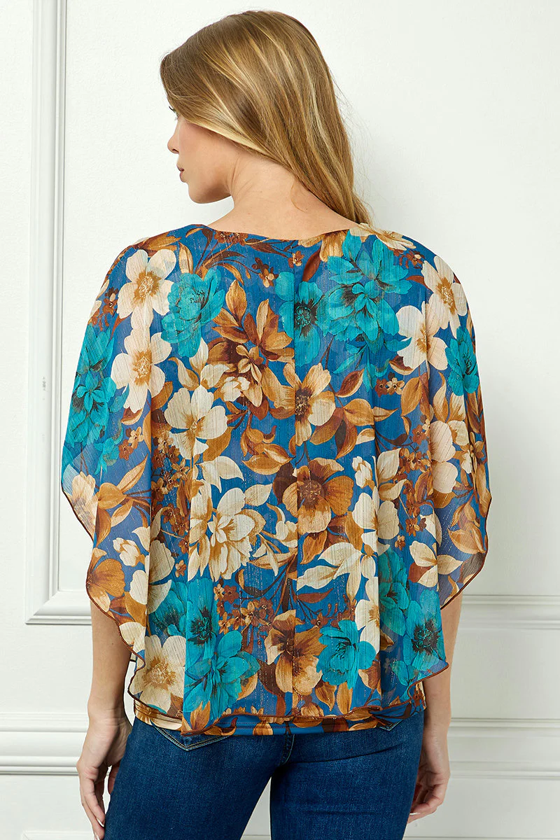 Poncho Tank Cutout Trim Mix Media Blouse in Turquoise - Image 4