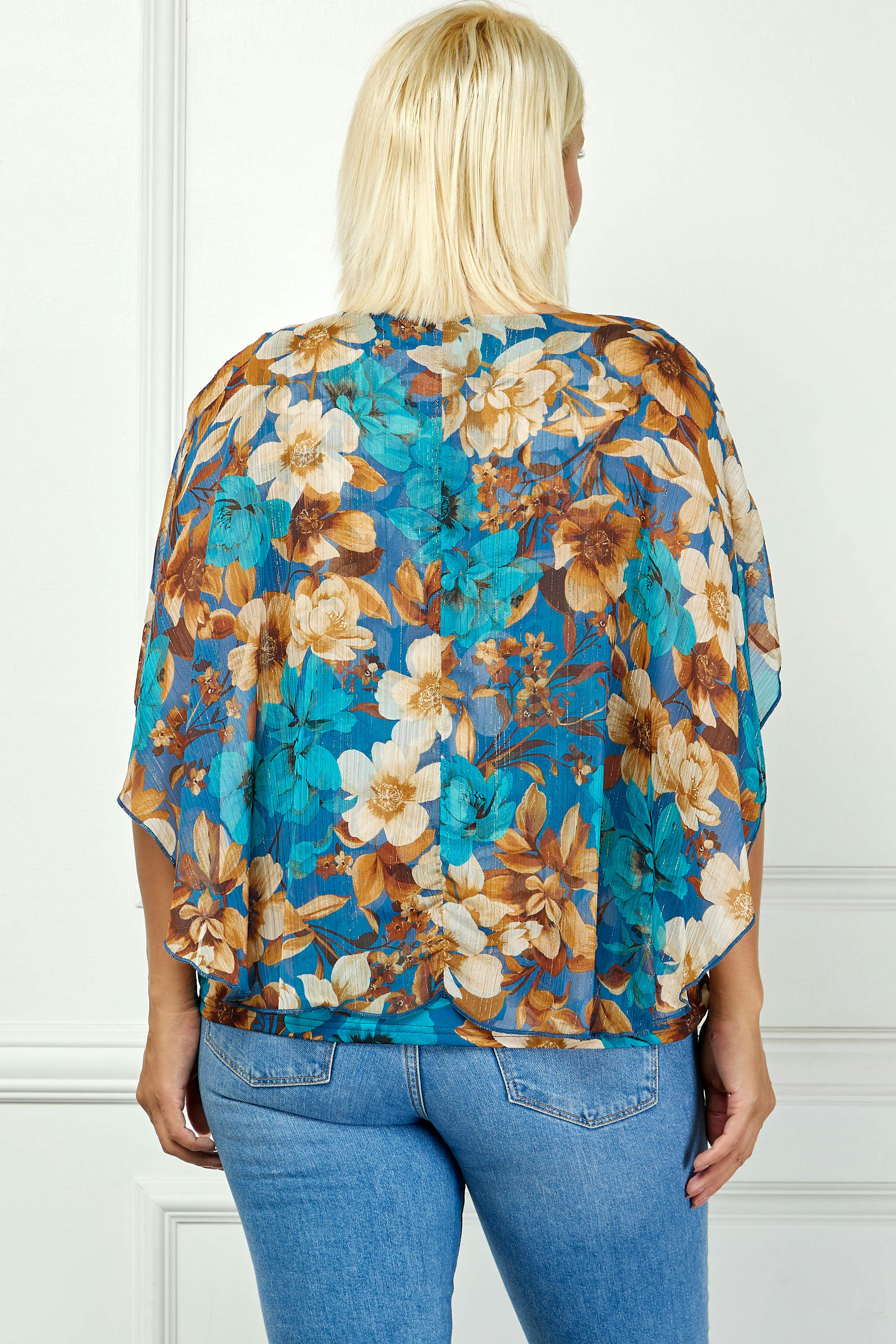 Poncho Tank Cutout Trim Mix Media Blouse in Turquoise - Plus - Image 4