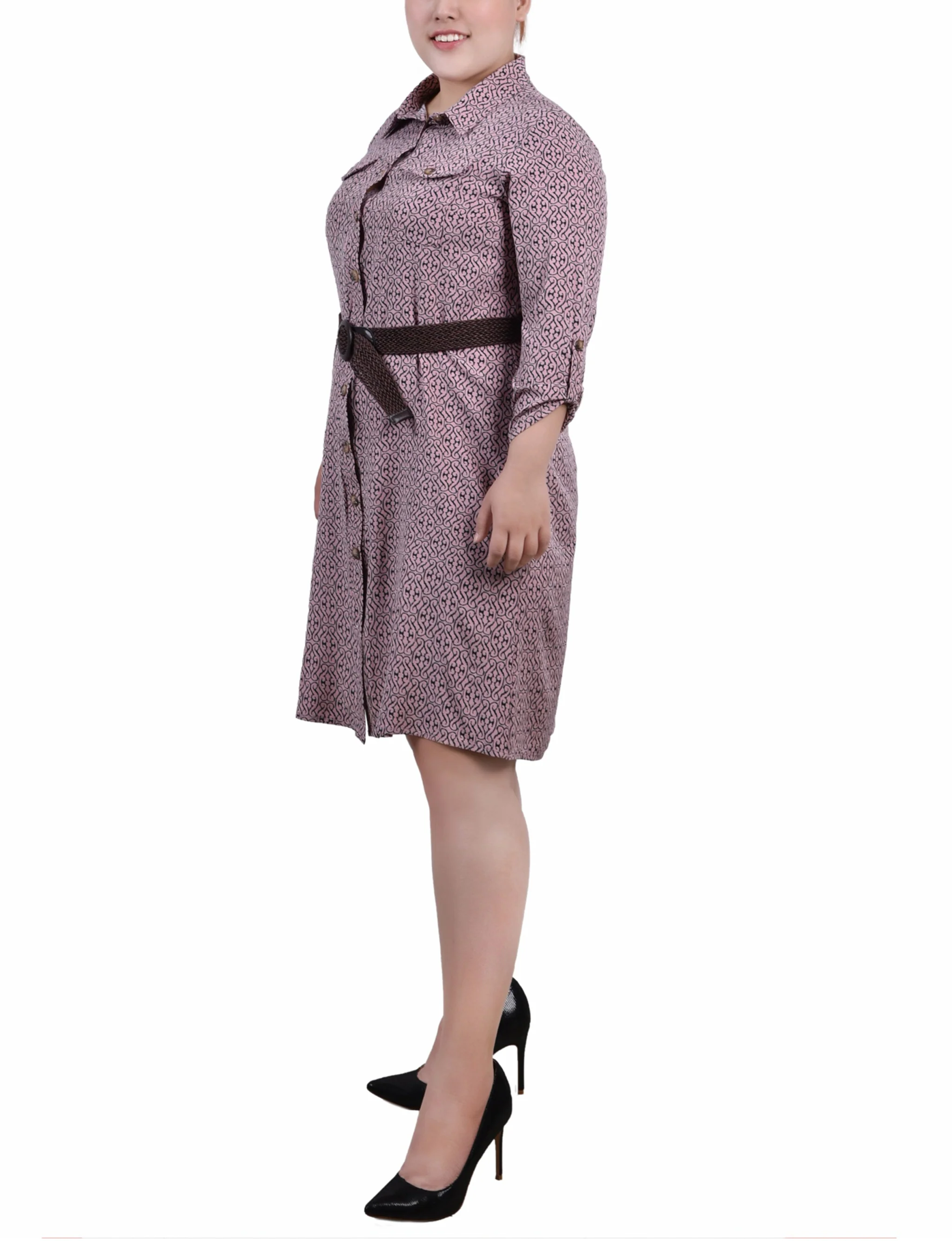 Purple 3/4 Roll Tab Sleeve Shirtdress - Plus Size - Image 2