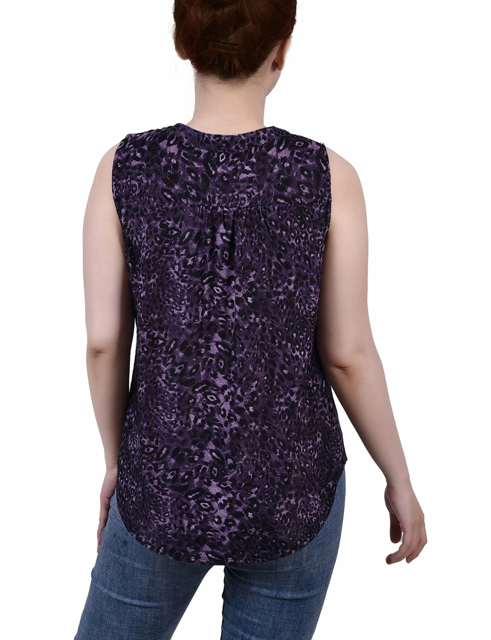 Purple Cheetah Sleeveless Jacquard Y Neck Top - Petite - Image 4