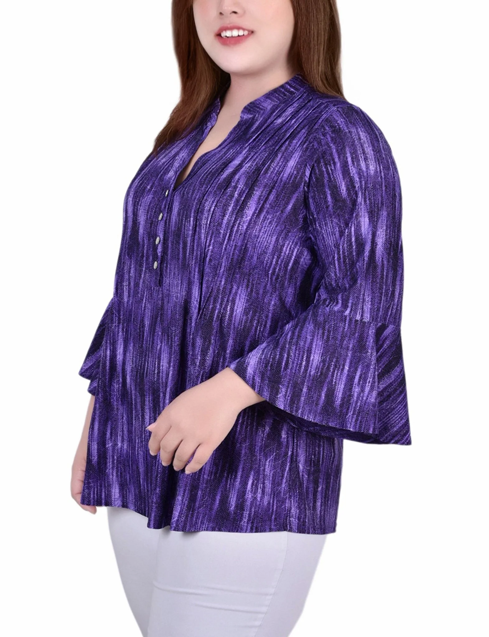 Purple Stripe 3/4 Bell Sleeve Pleat Front Y Neck Top - Plus - Image 2