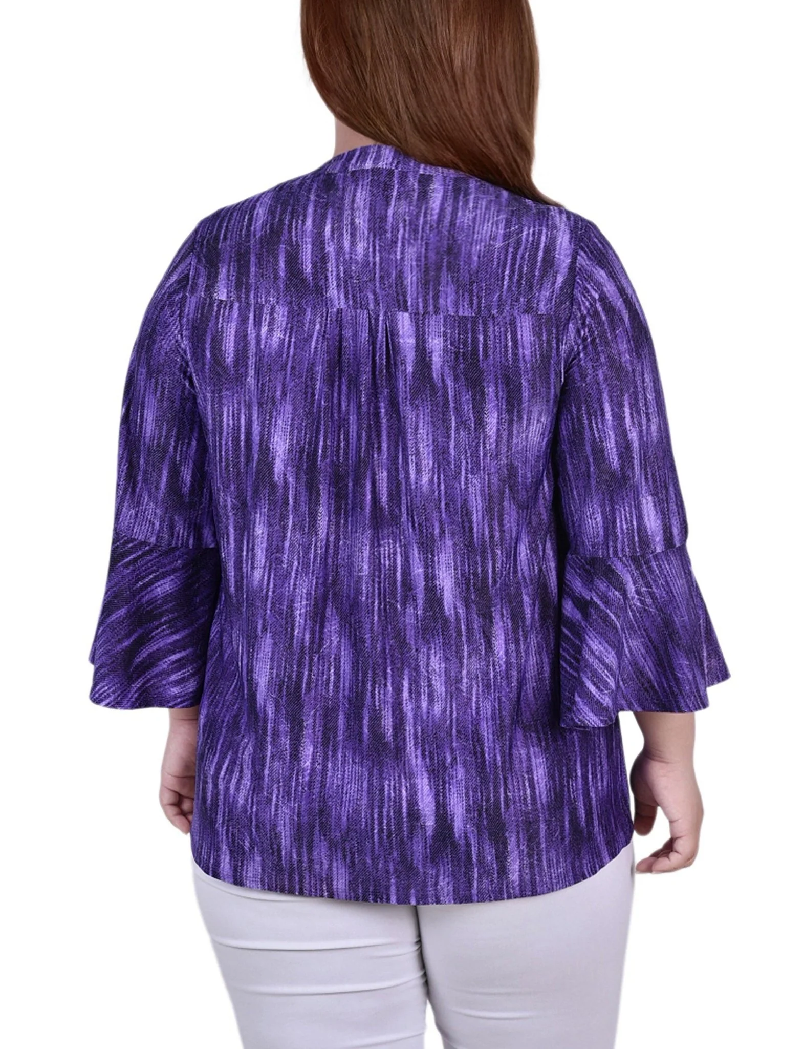 Purple Stripe 3/4 Bell Sleeve Pleat Front Y Neck Top - Plus - Image 4