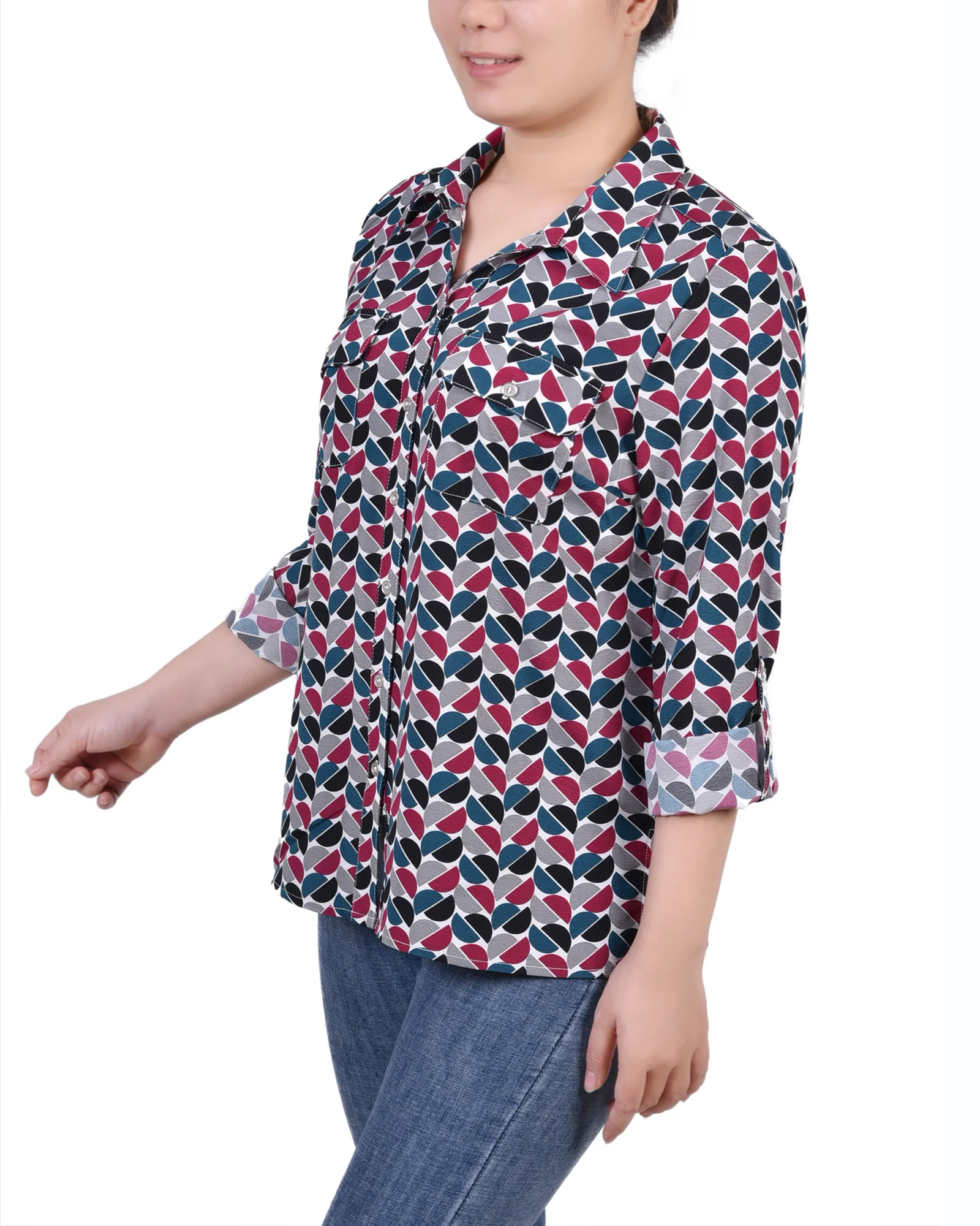 Red 3/4 Roll Tab Blouse With Pockets - Petite - Image 2