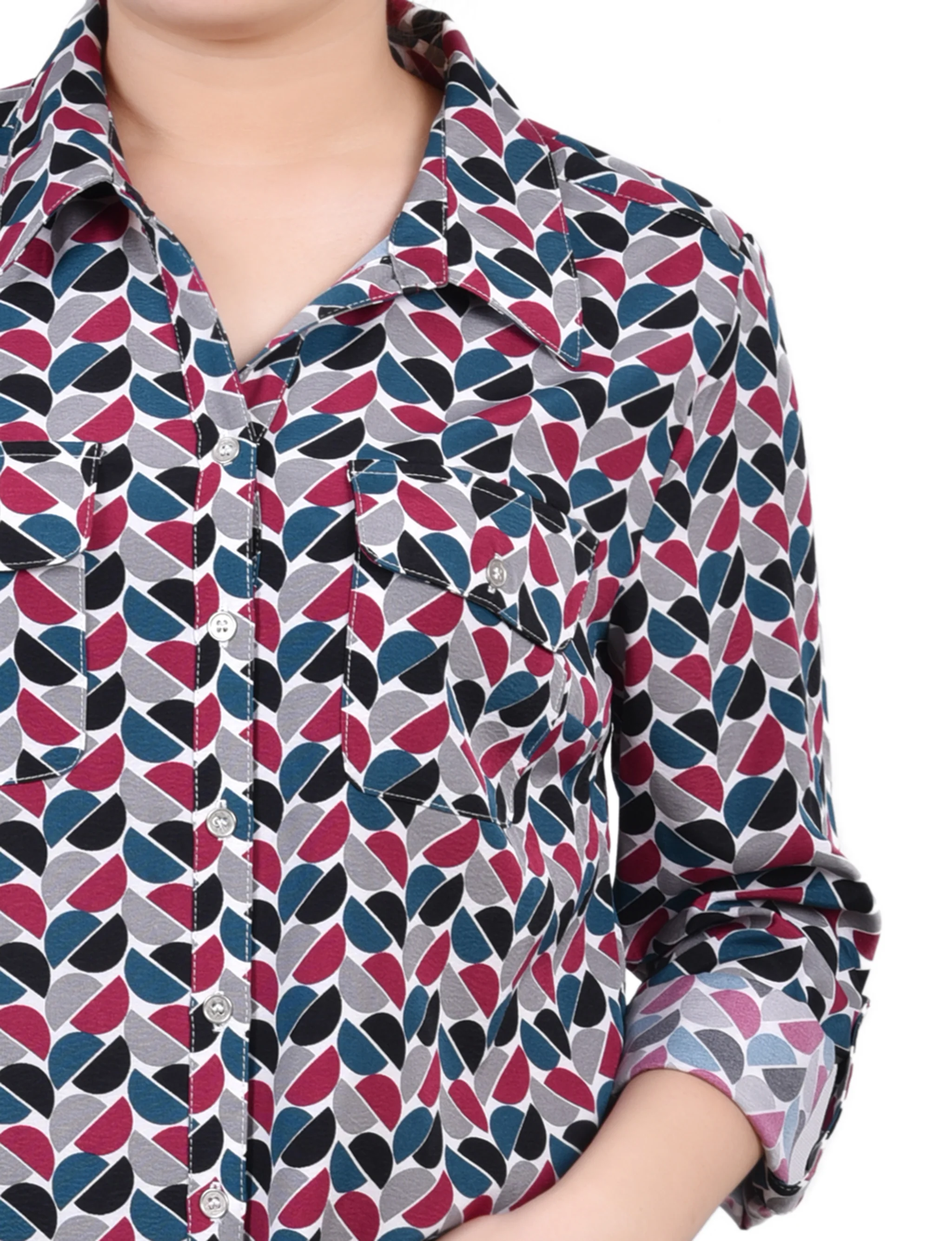 Red 3/4 Roll Tab Blouse With Pockets - Petite - Image 3