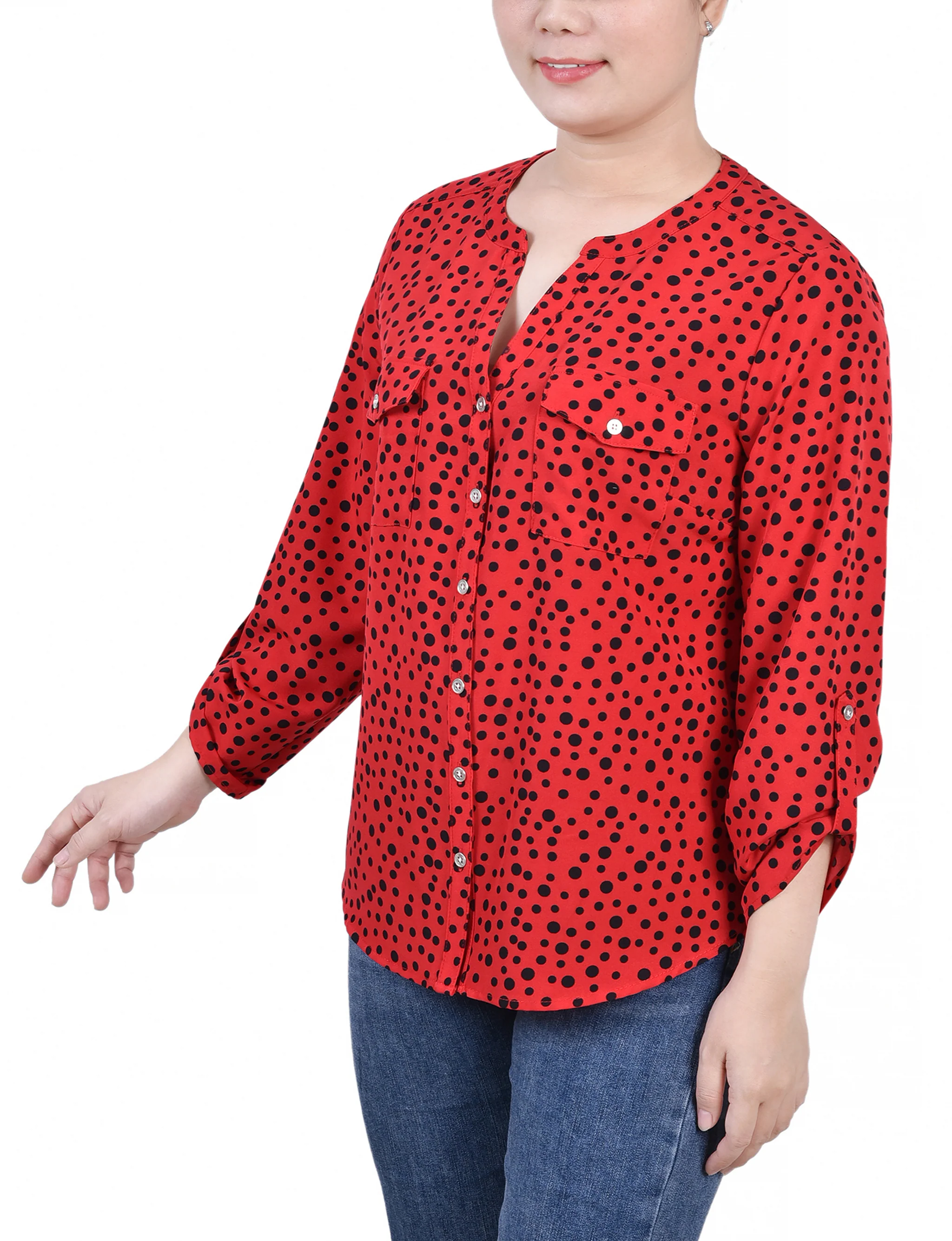 Red 3/4 Roll Tab Sleeve Mandarin Collar Blouse - Petite - Image 2