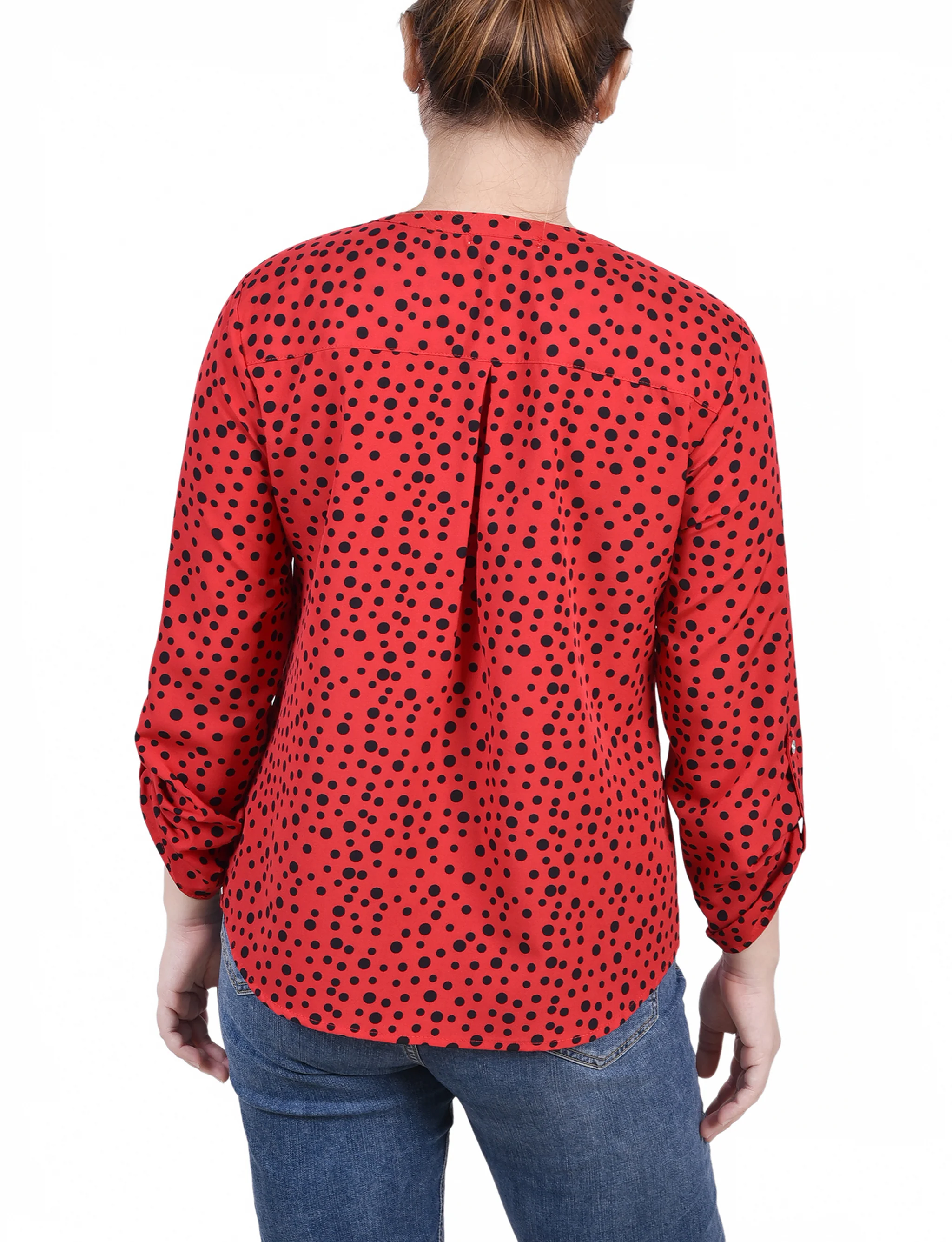 Red 3/4 Roll Tab Sleeve Mandarin Collar Blouse - Petite - Image 4