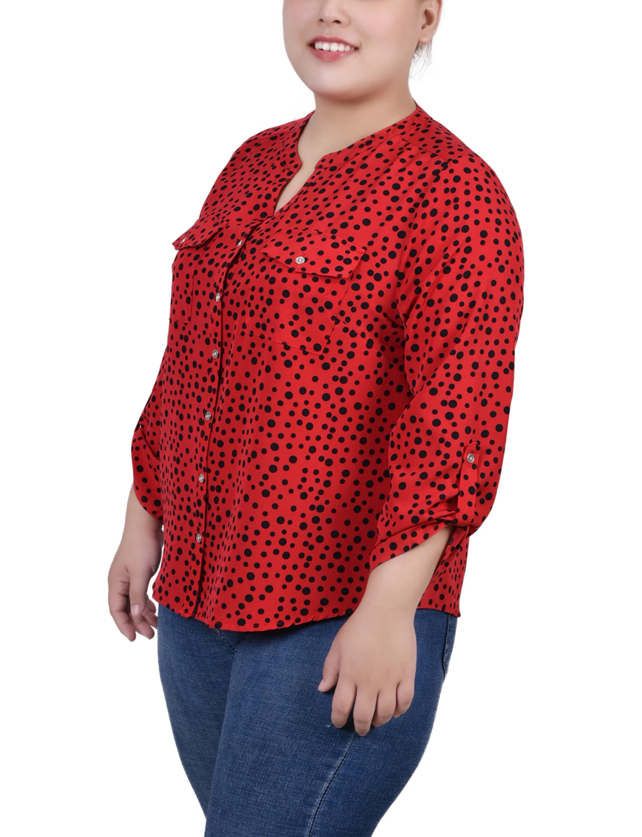 Red 3/4 Roll Tab Sleeve Mandarin Collar Blouse - Plus Size - Image 2
