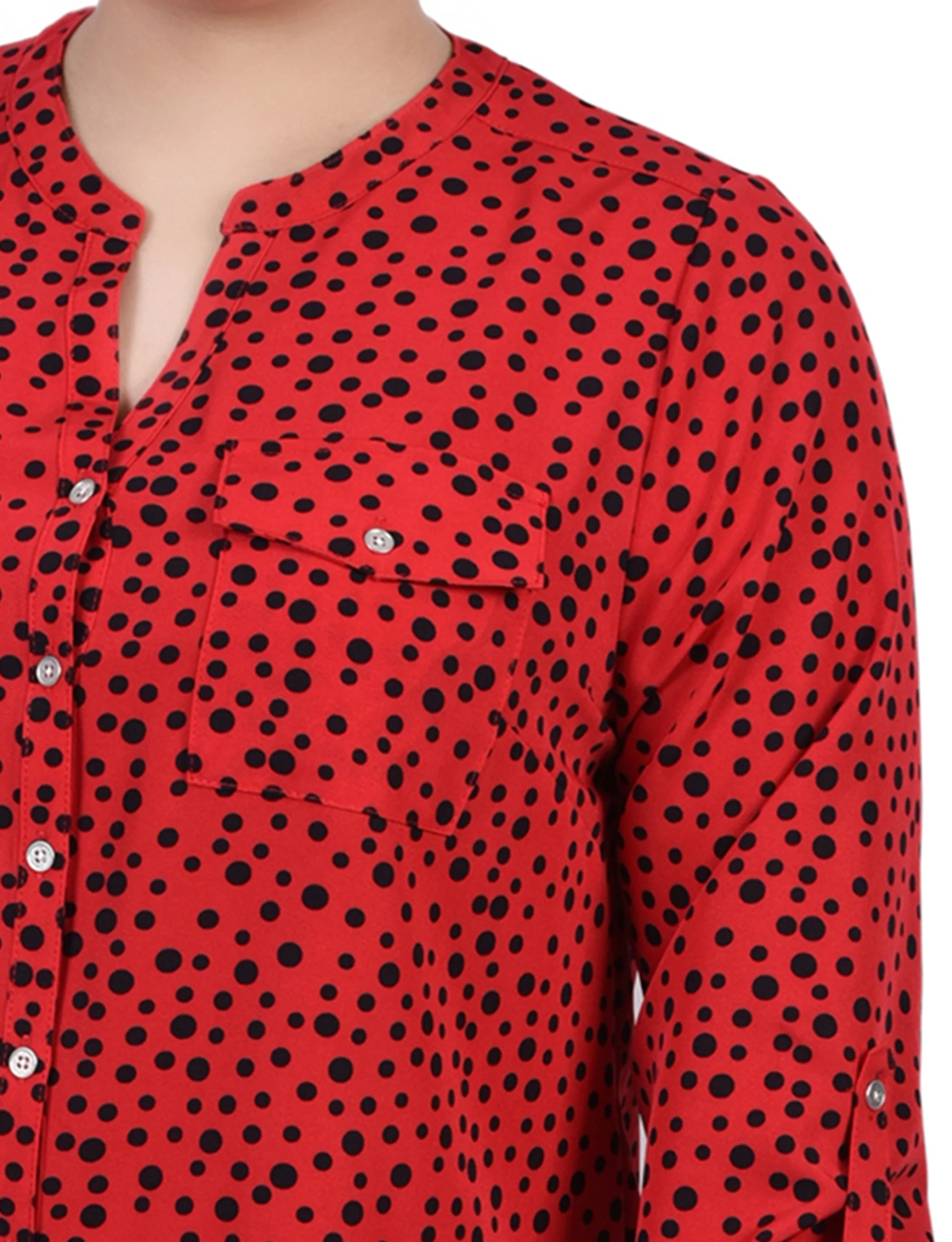 Red 3/4 Roll Tab Sleeve Mandarin Collar Blouse - Plus Size - Image 3