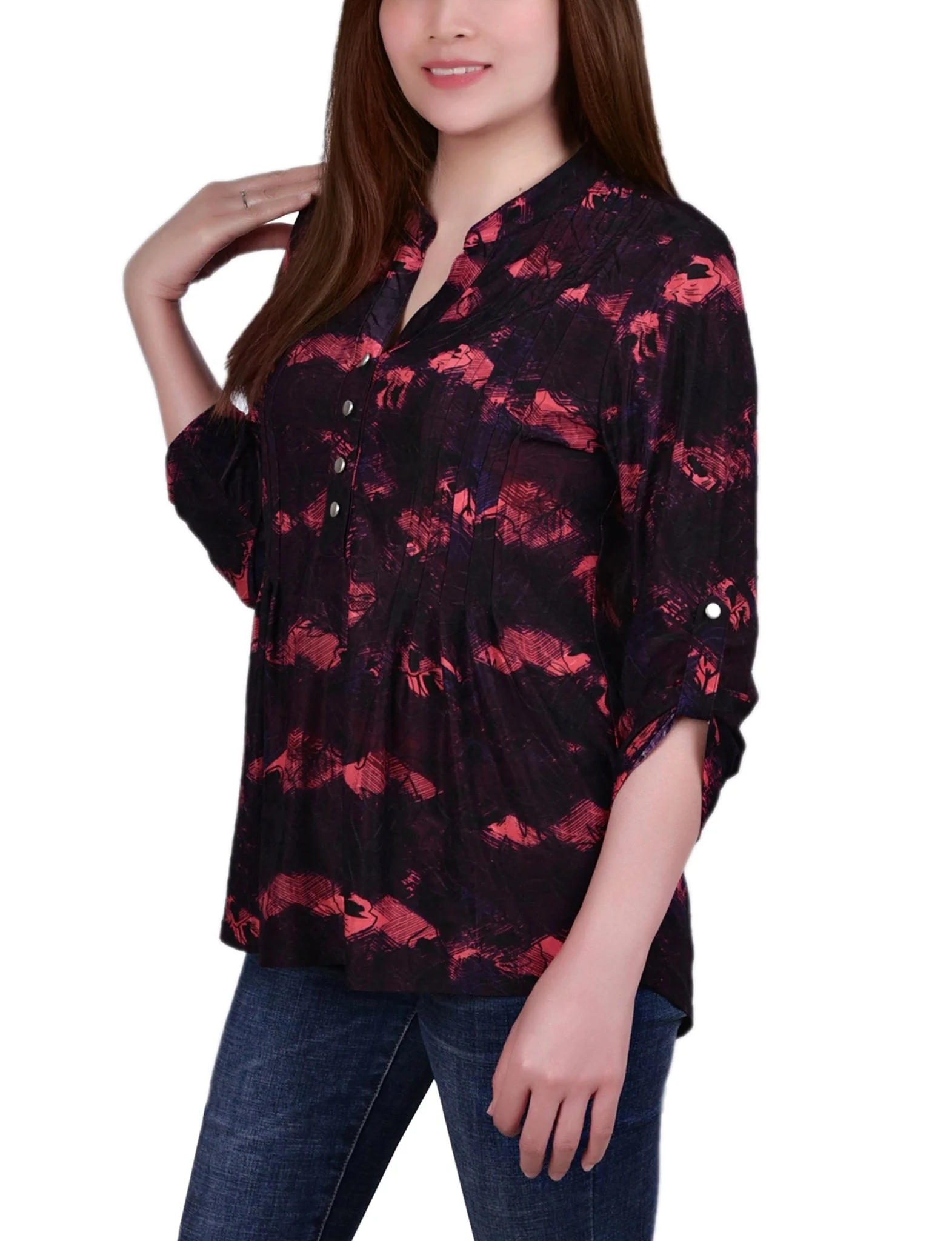 Red Milaflor 3/4 Sleeve Roll Tab Y Neck Top - Image 2