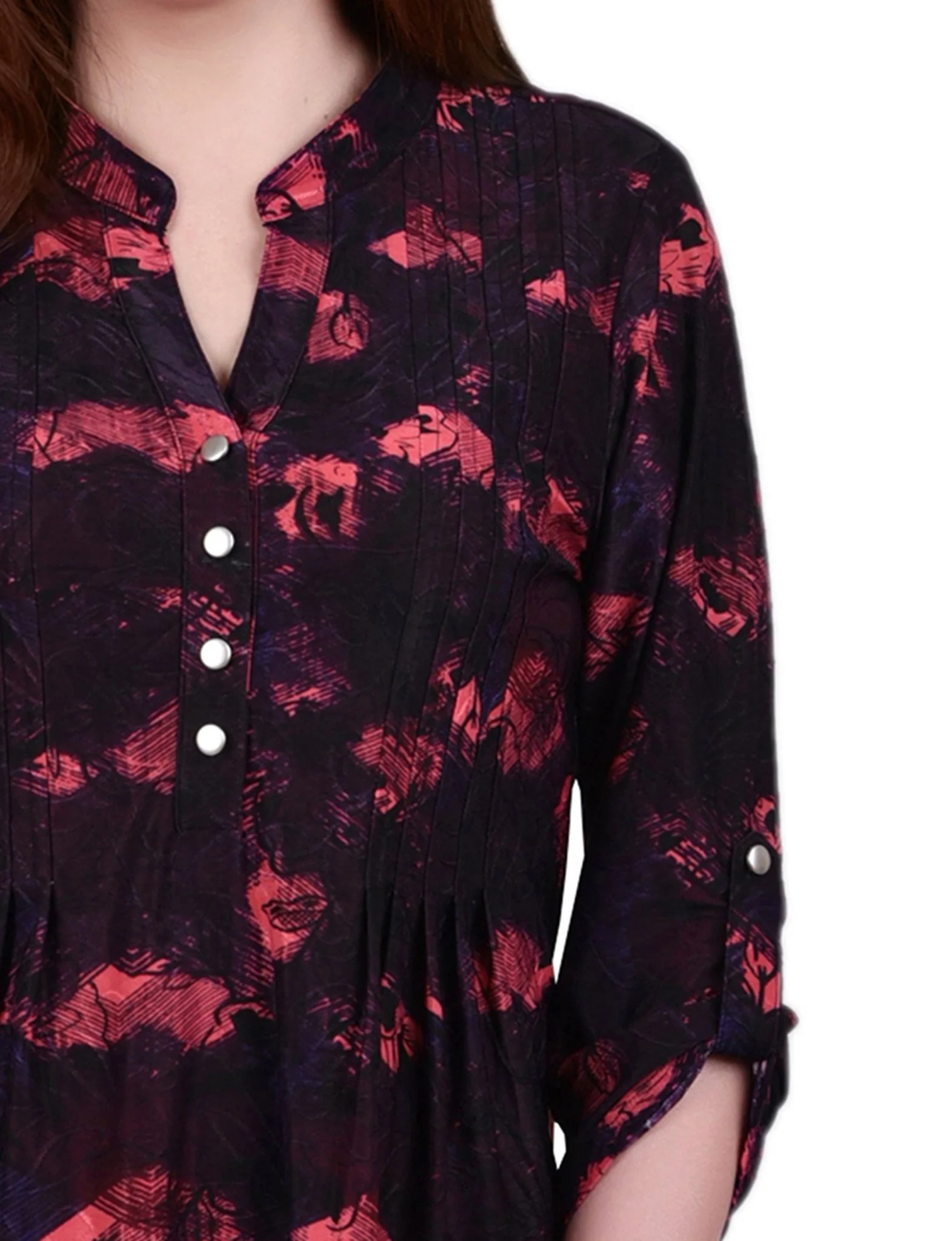 Red Milaflor 3/4 Sleeve Roll Tab Y Neck Top - Image 3