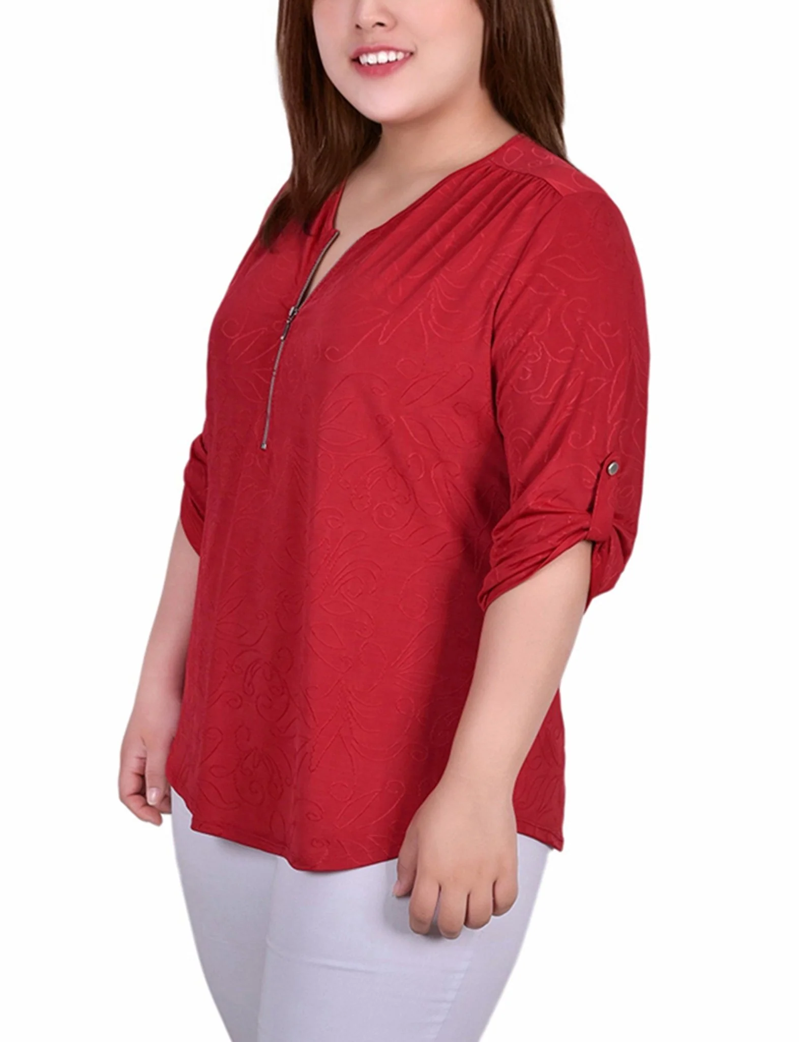 Red Sakadotduo 3/4 Roll Tab Zip Front Jacquard Knit Top - Plus - Image 2