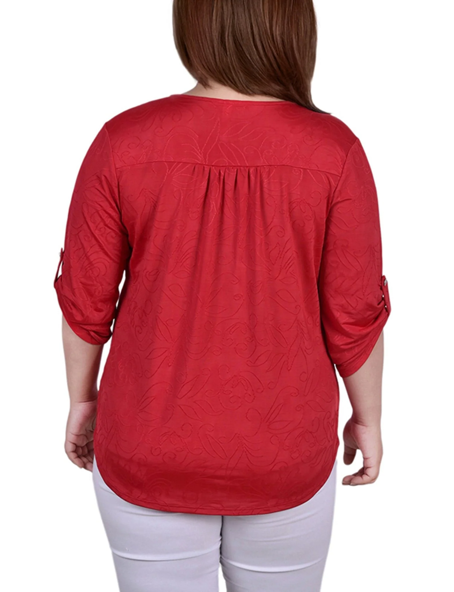 Red Sakadotduo 3/4 Roll Tab Zip Front Jacquard Knit Top - Plus - Image 4