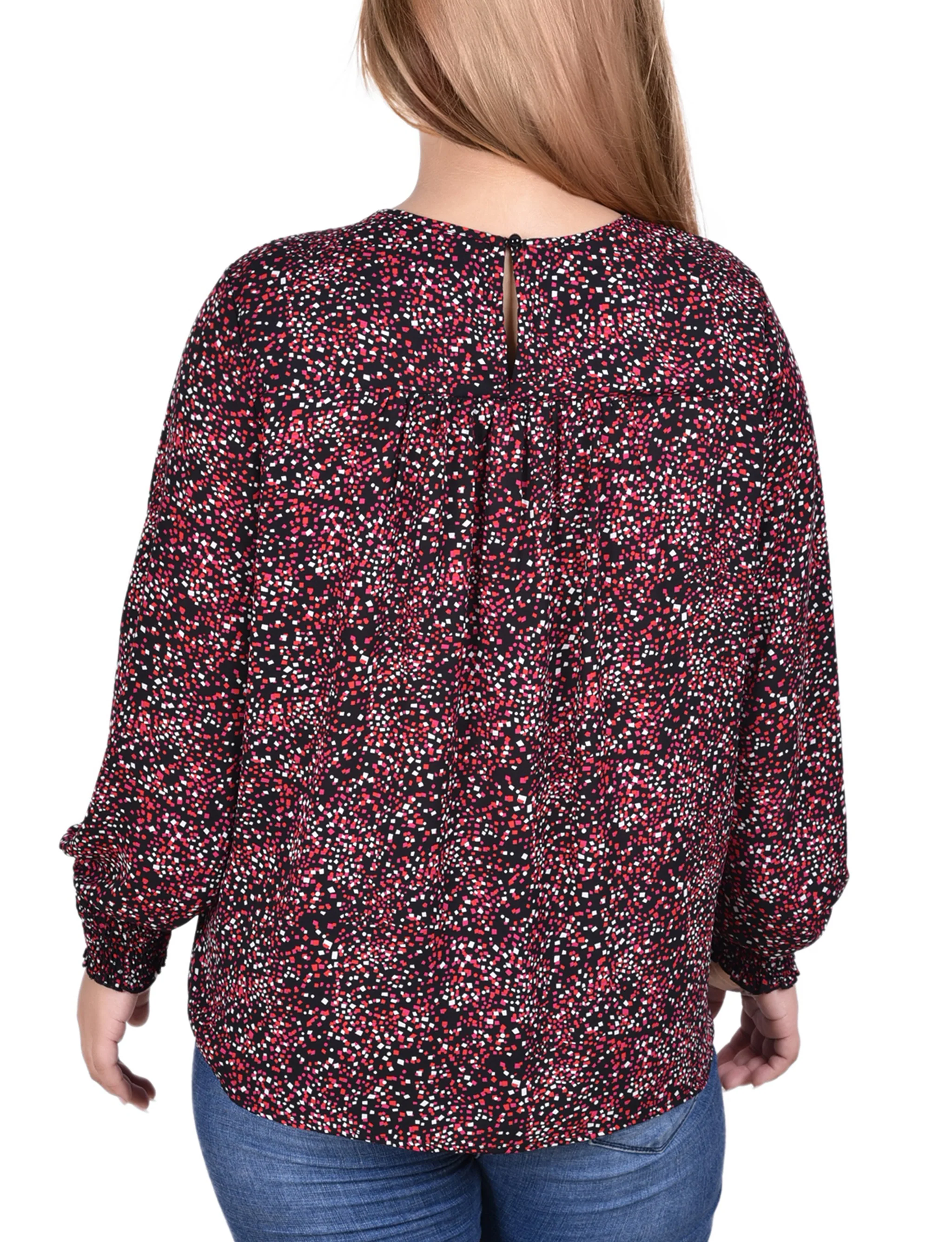 Red Smocked Cuff Blouse With Neckline Cutout - Plus Size - Image 4