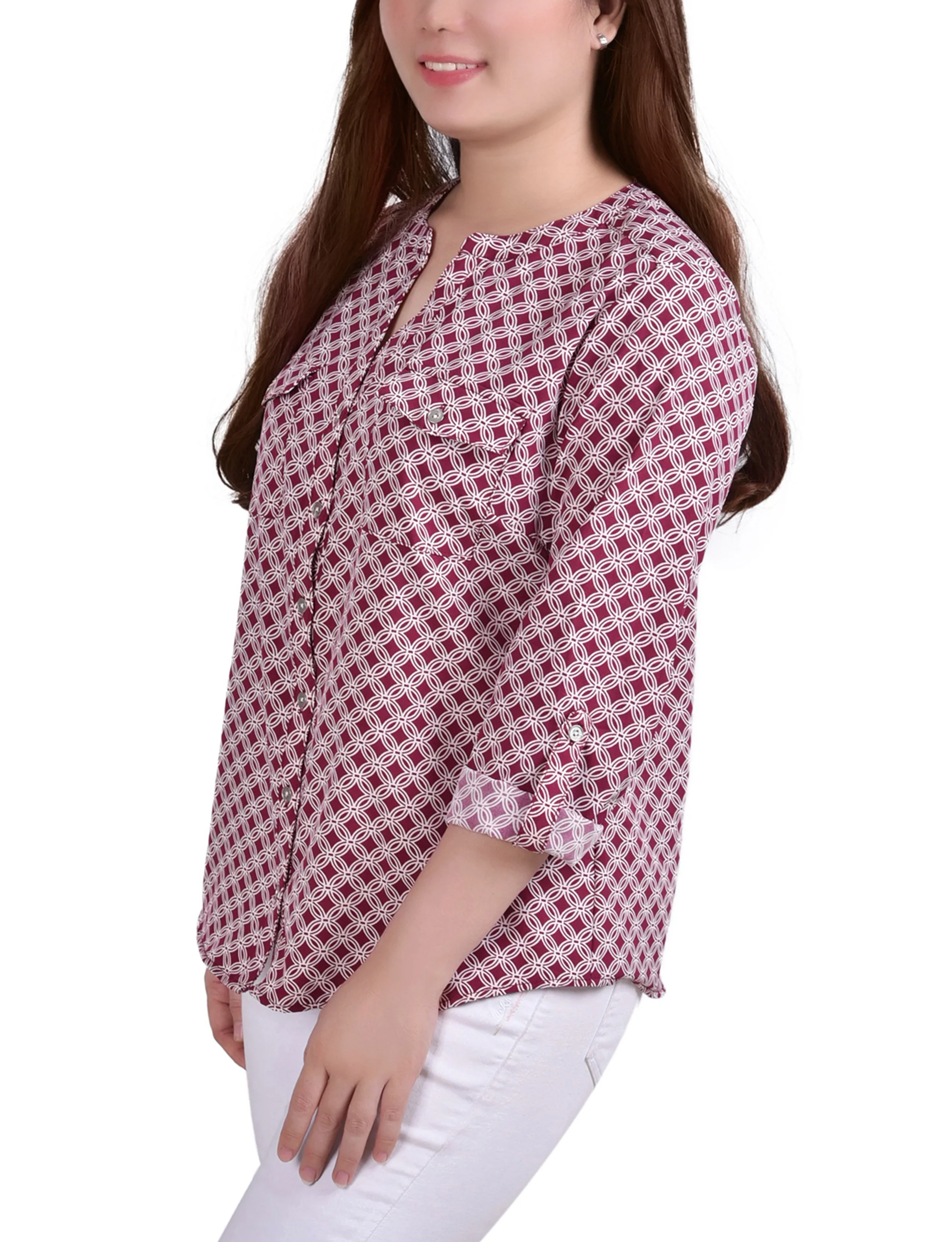 Rodedendrum White New Iconic 3/4 Roll Tab Sleeve Mandarin Collar Blouse - Petite - Image 2