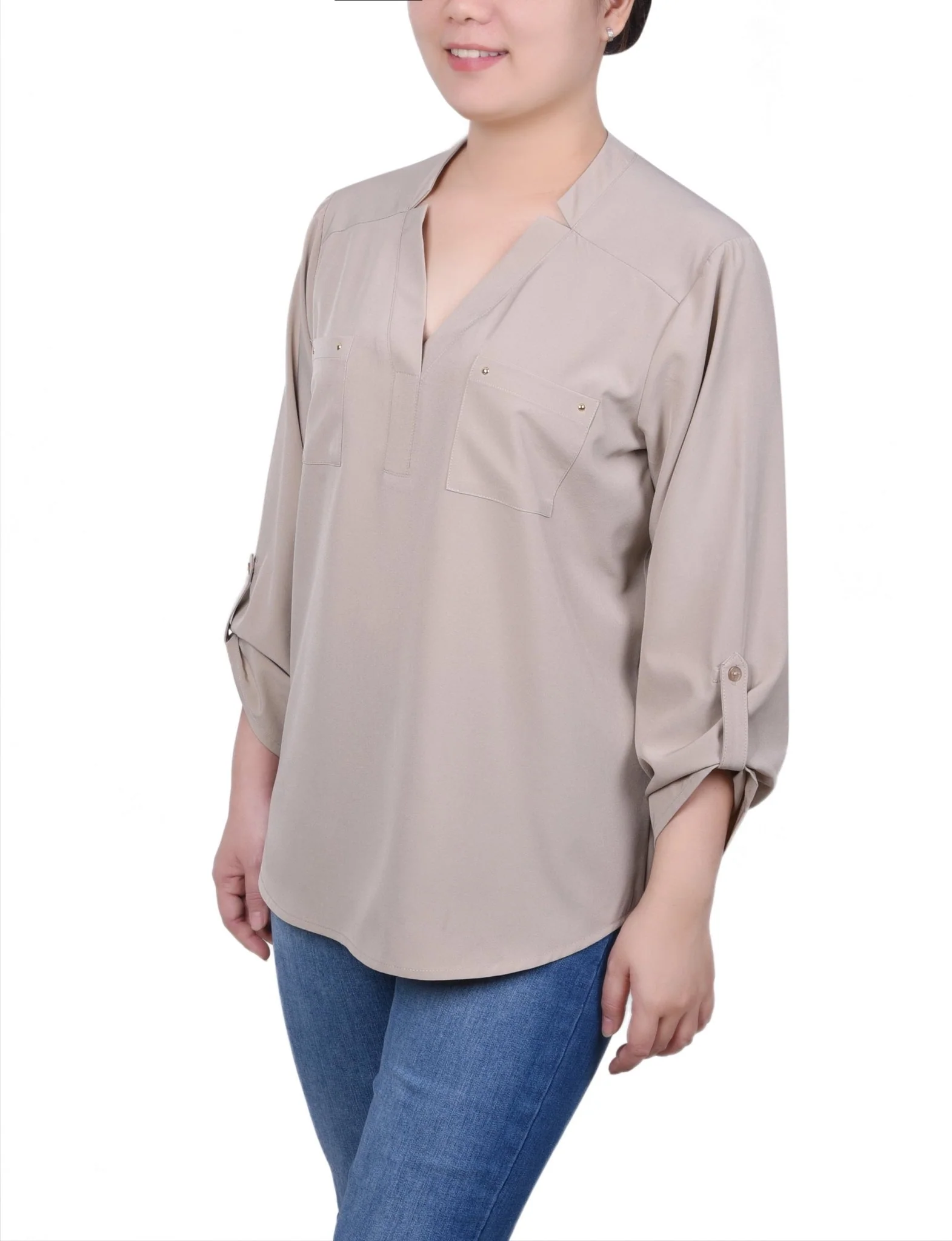 Roll Tab Sleeve Blouse with Pockets - Petite - Image 2