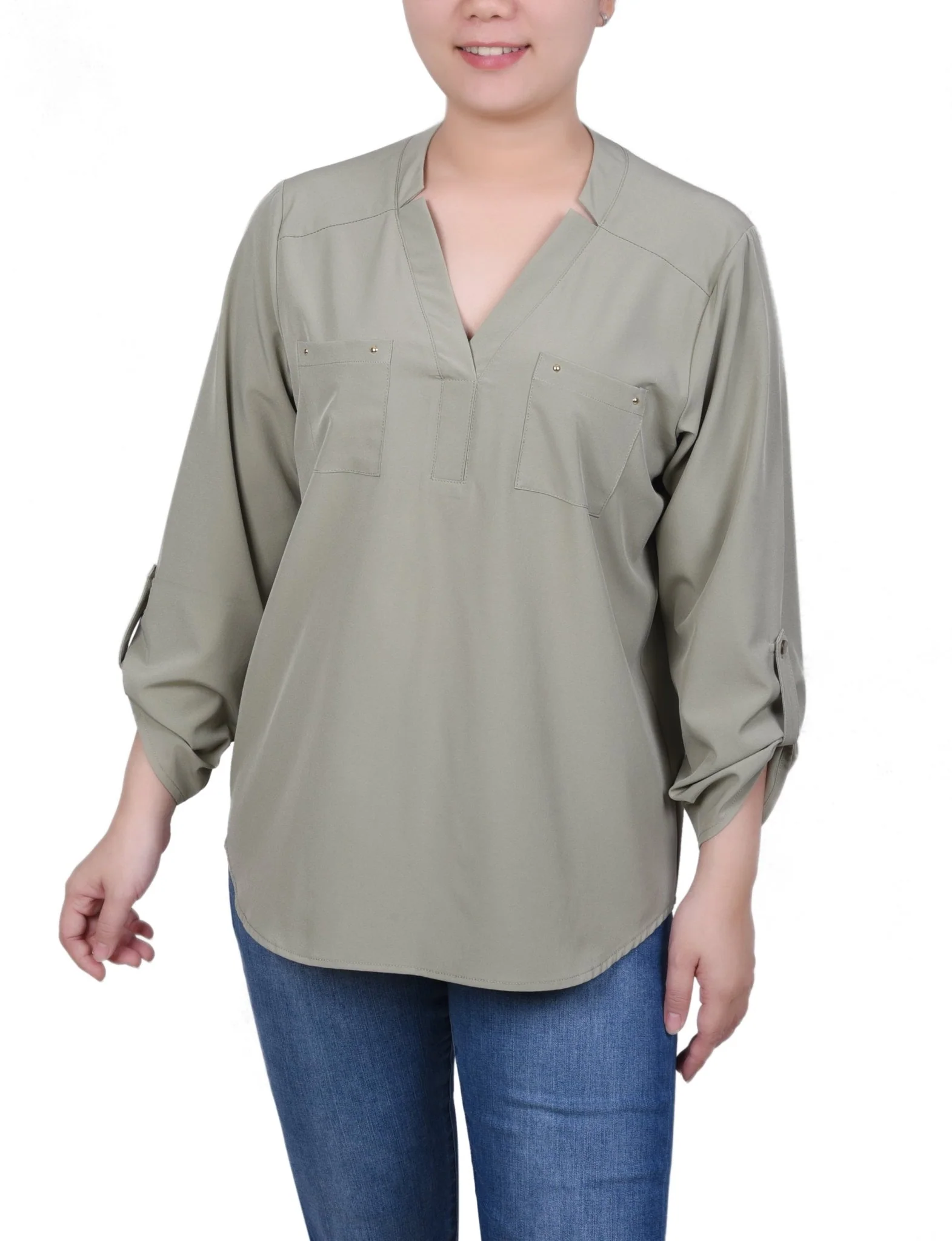Roll Tab Sleeve Blouse with Pockets - Petite - Image 5