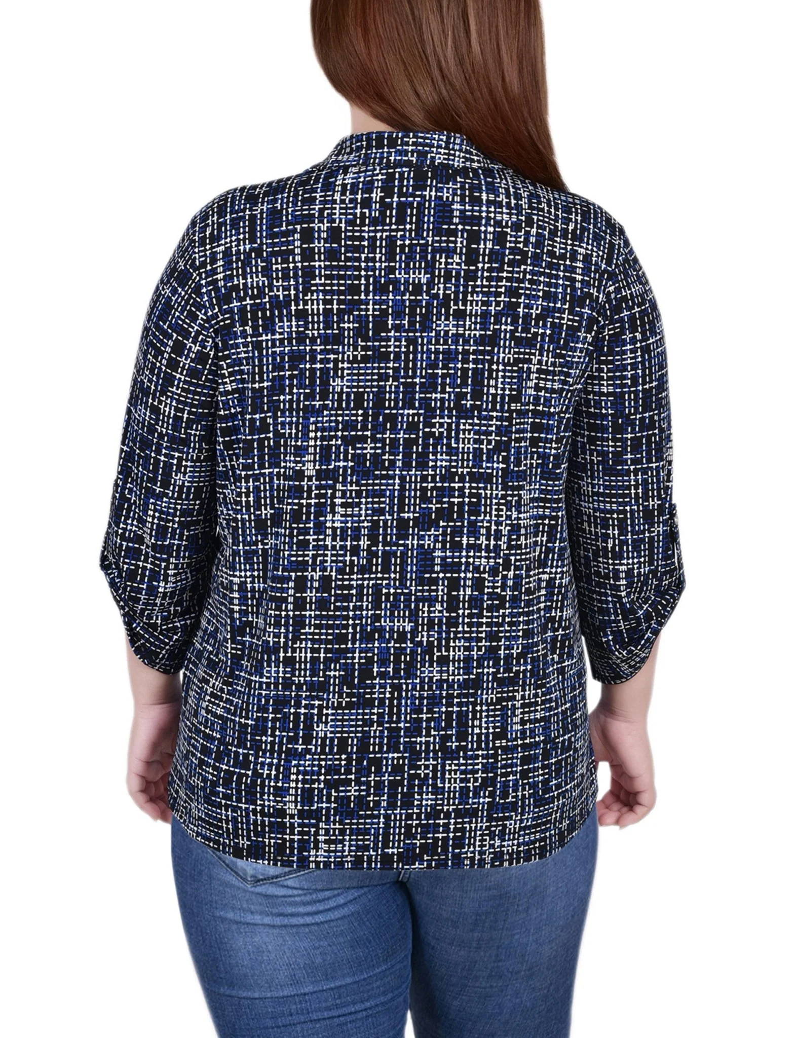 Royal Abstract 3/4 Roll Tab Sleeve Studded Y Neck Top - Plus - Image 4