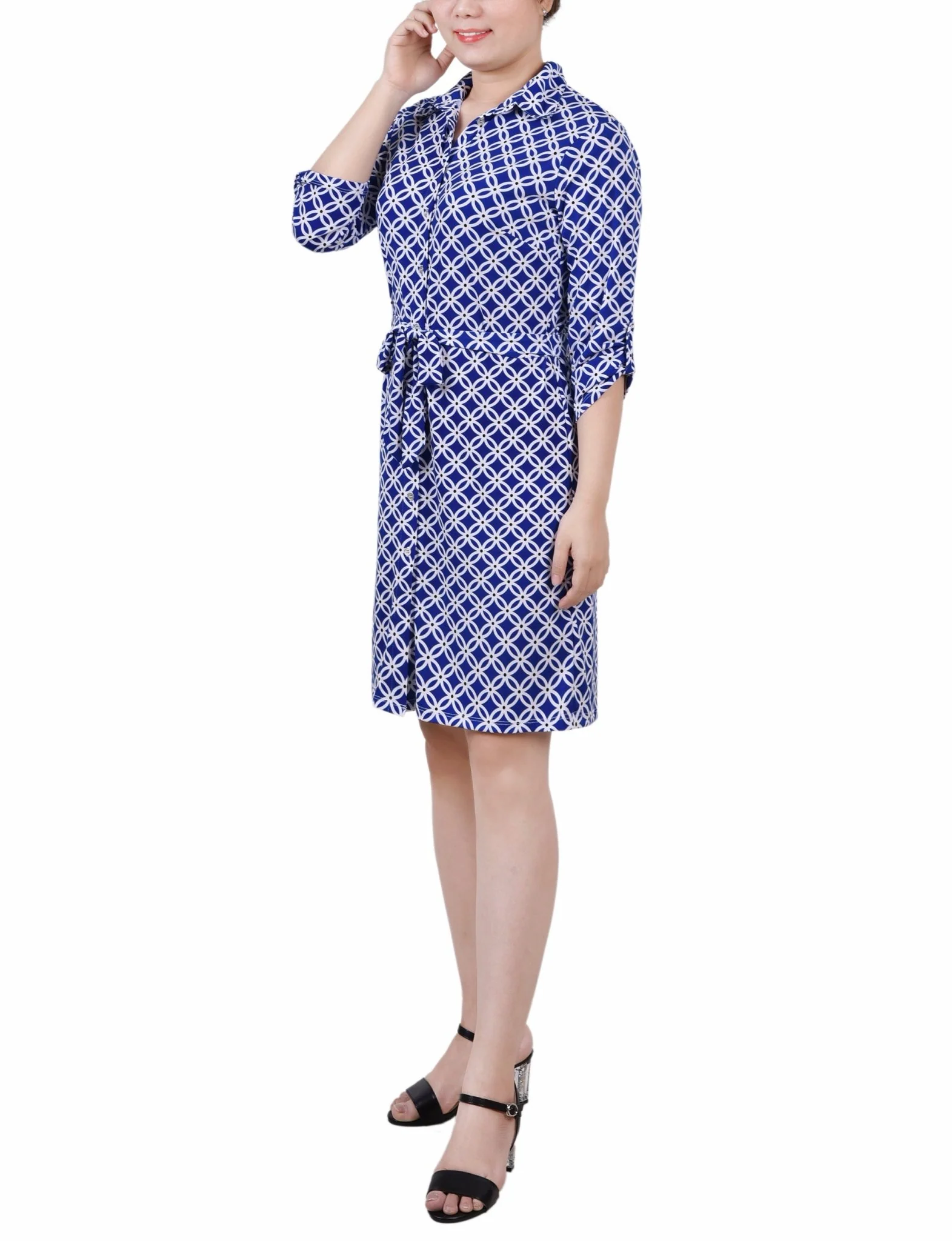 Royal White Black 3/4 Roll Tab Sleeve Collared Dress - Petite - Image 2