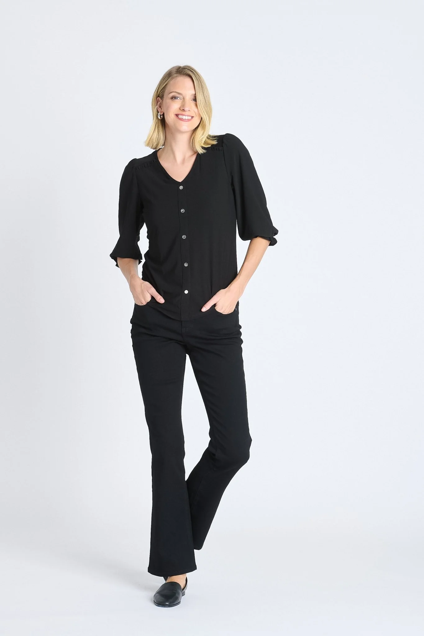 Ruffle 3/4 Sleeve Button Top, Black - Image 3