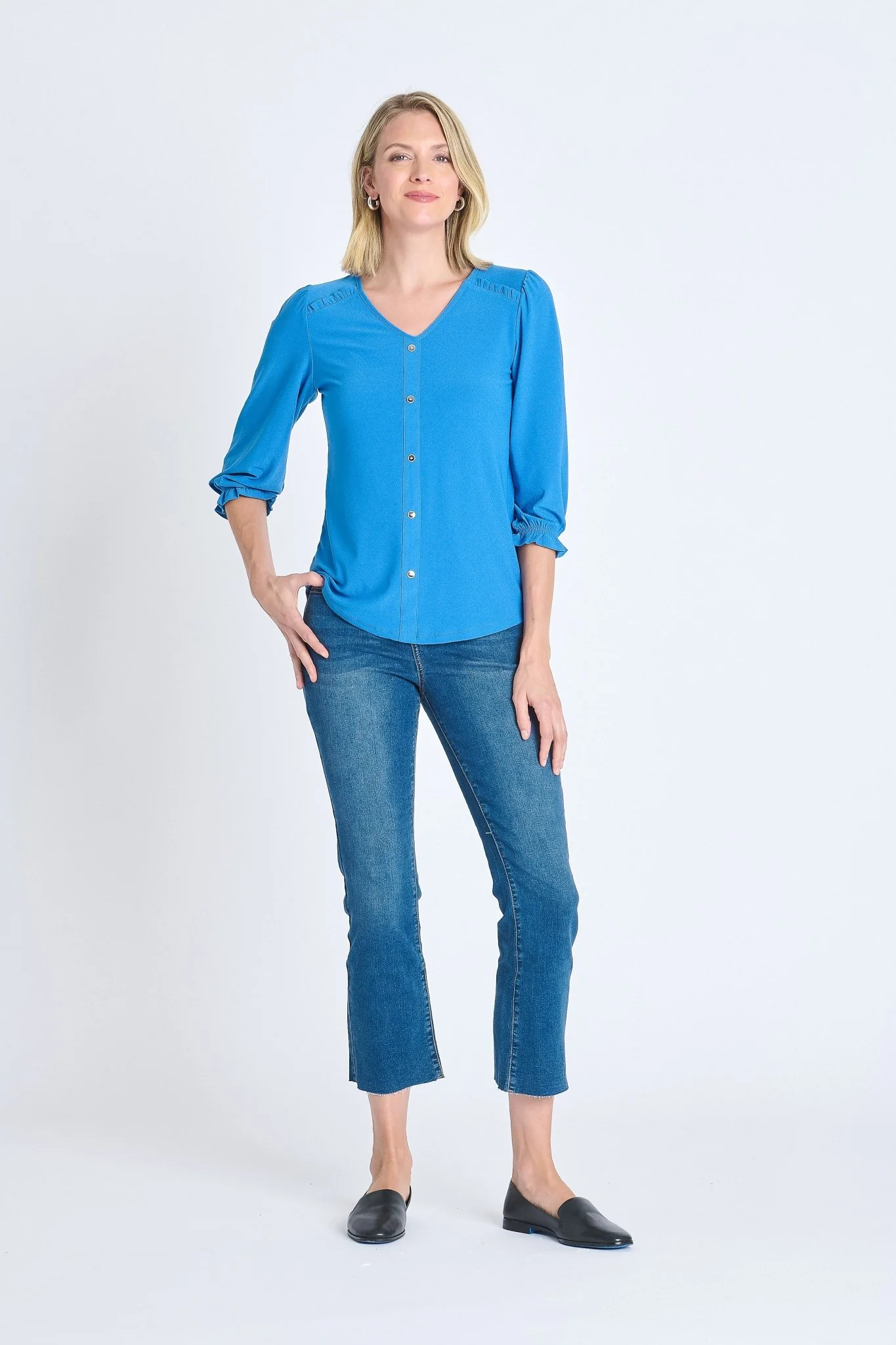 Ruffle 3/4 Sleeve Button Top, Star Sapphire - Image 2