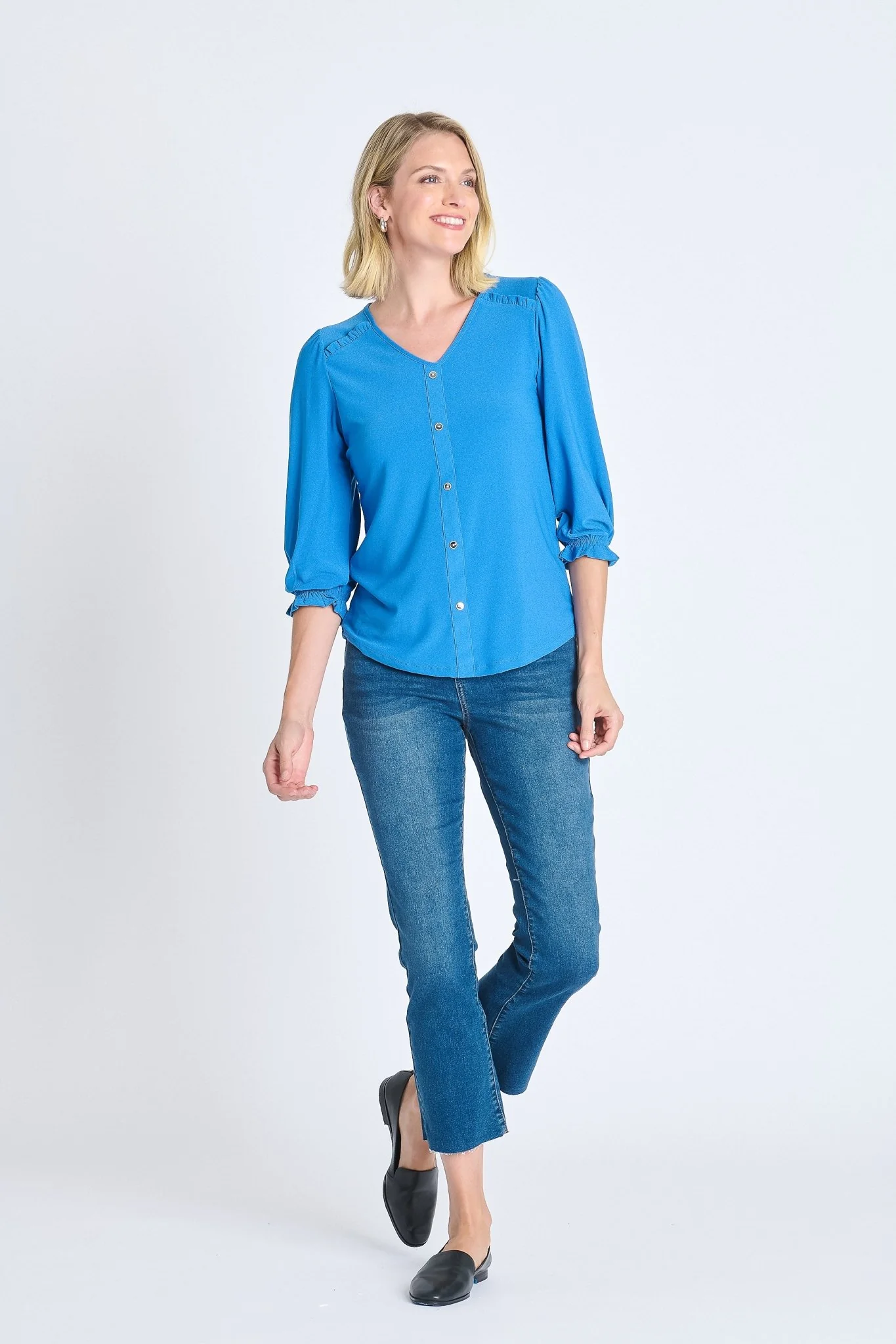Ruffle 3/4 Sleeve Button Top, Star Sapphire - Image 3