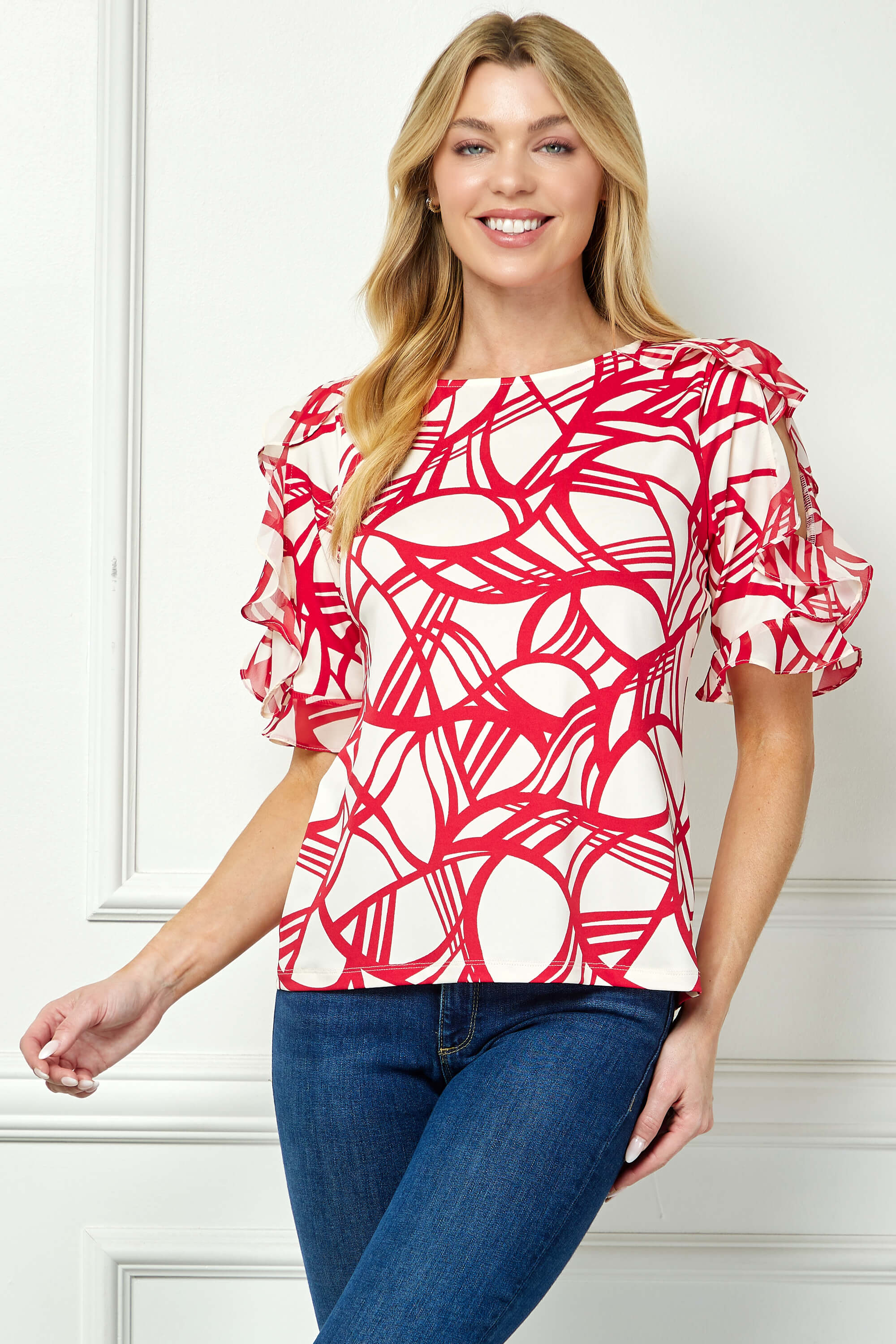 Ruffle Cold Shoulder Boat Neck Blouse in Cream/Red - Image 2