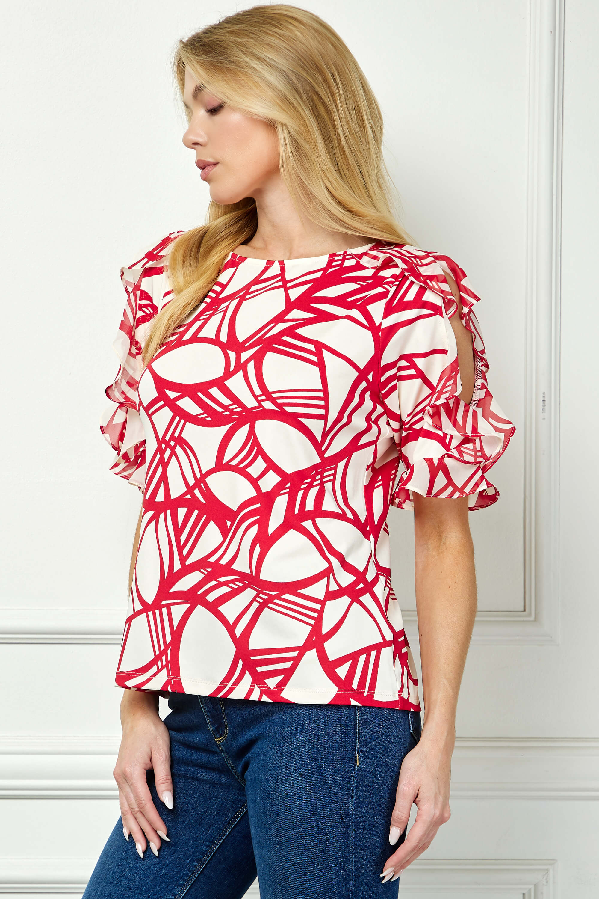Ruffle Cold Shoulder Boat Neck Blouse in Cream/Red - Image 3