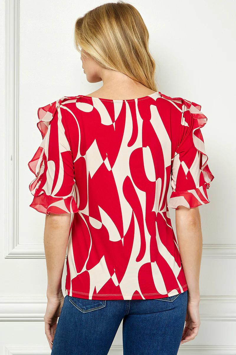 Ruffle Cold Shoulder Boat Neck Blouse in Red/Tan - Image 4