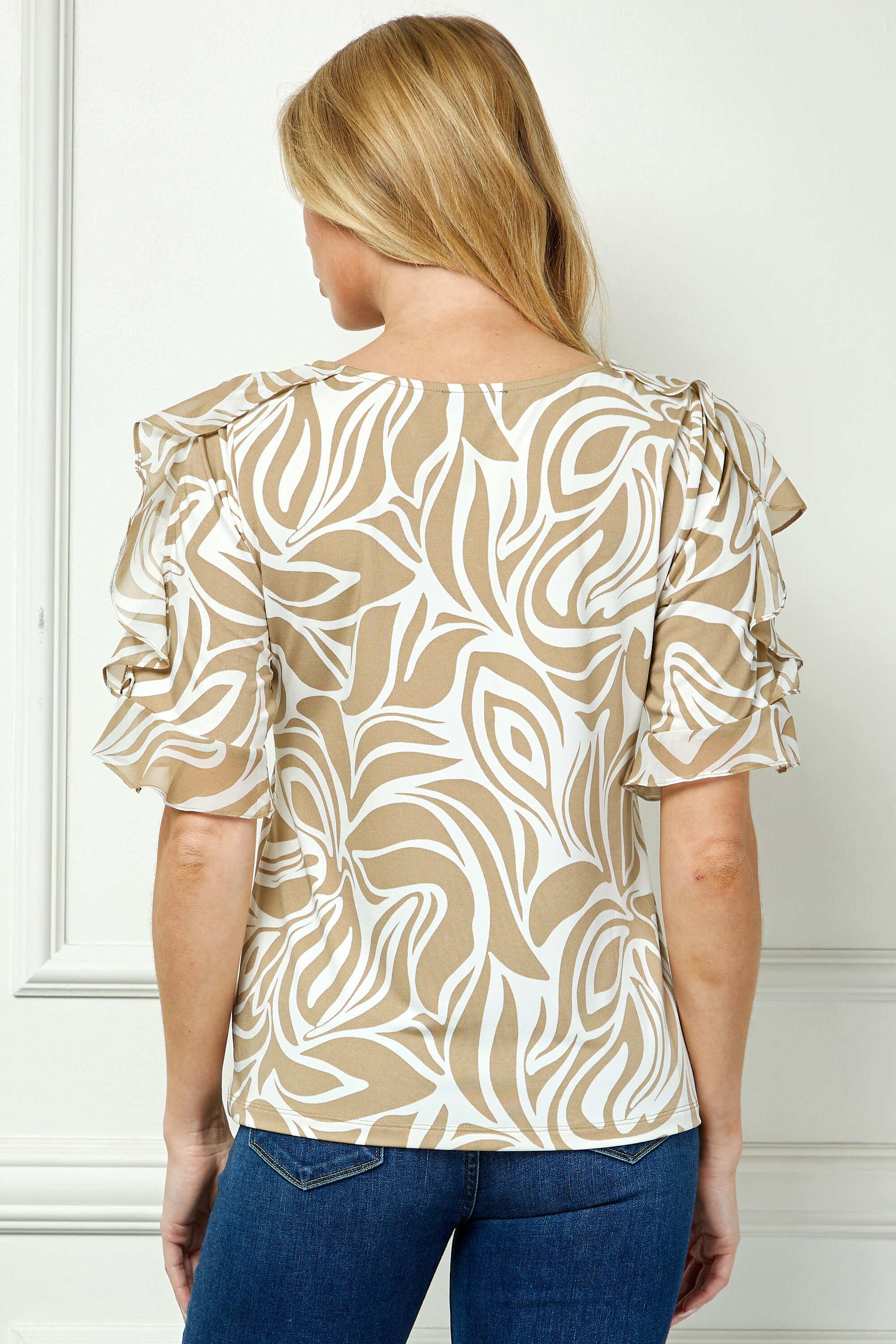 Ruffle Cold Shoulder Scoop Neck Blouse - Beige - Image 2