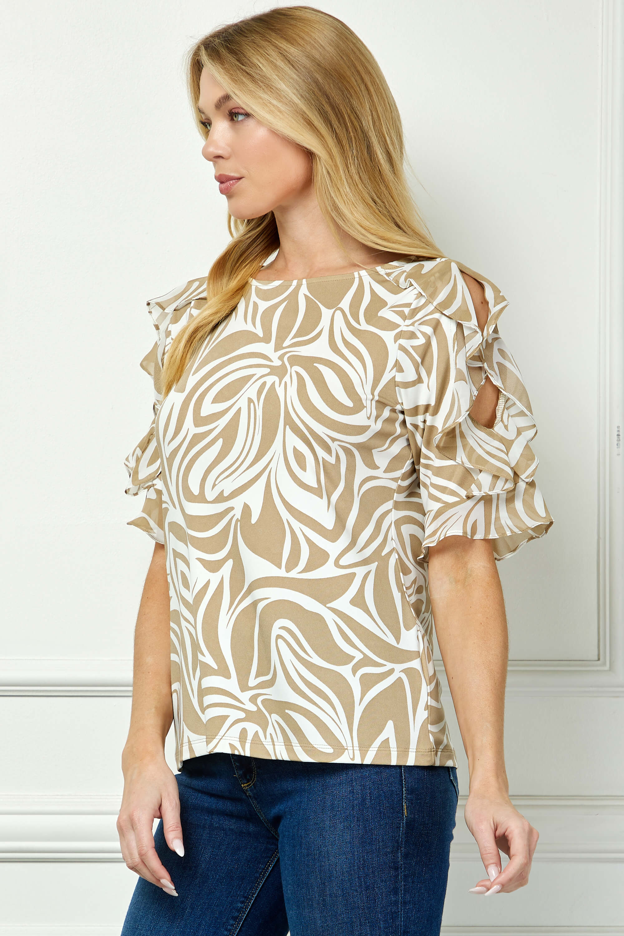 Ruffle Cold Shoulder Scoop Neck Blouse - Beige - Image 3
