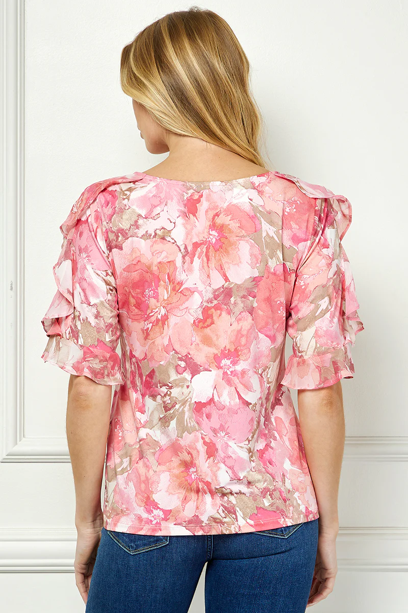 Ruffle Cold Shoulder Scoop Neck Blouse - Pink - Image 2